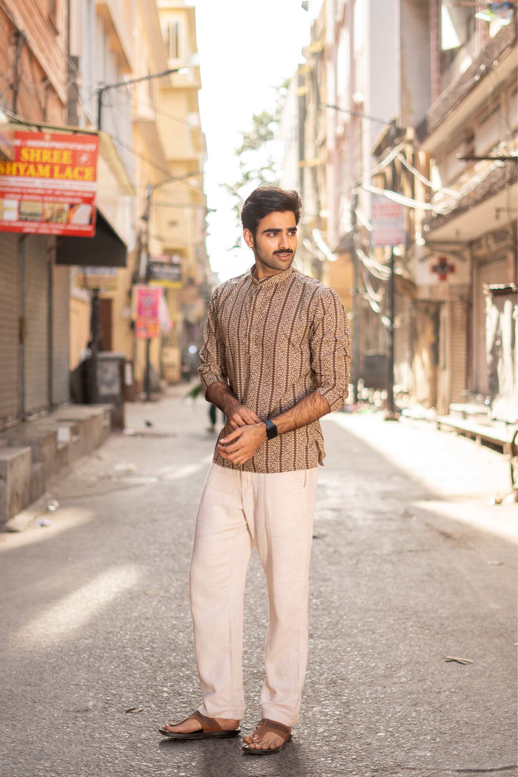 The Charcoal Tribal Stripe Short Kurta