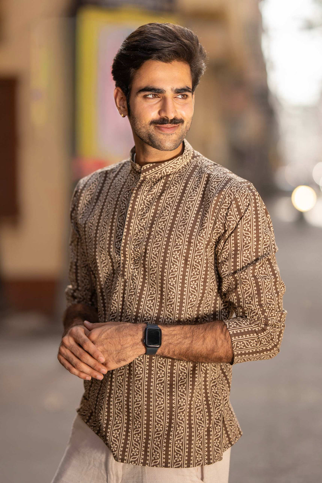 The Charcoal Tribal Stripe Short Kurta