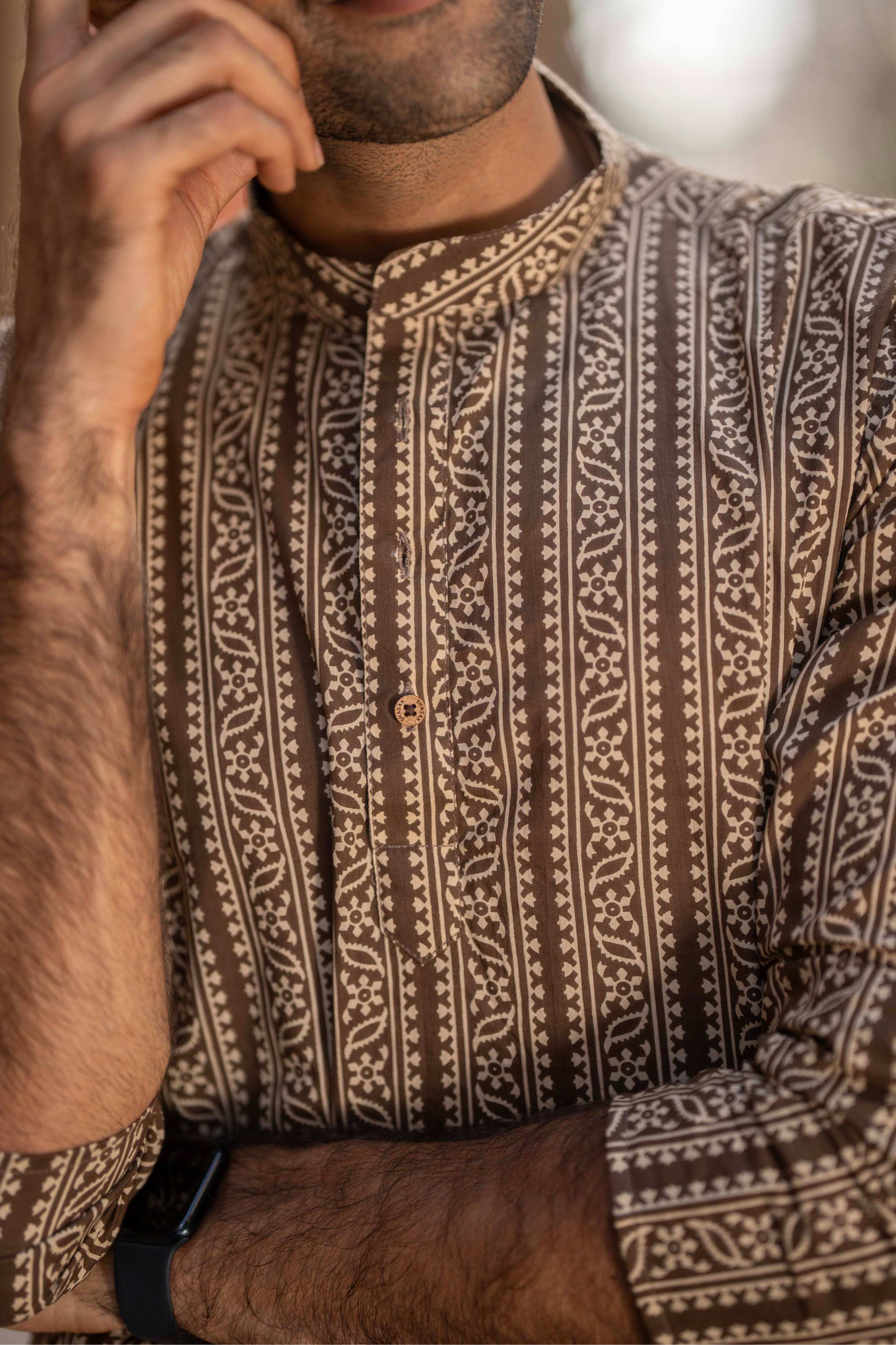 The Charcoal Tribal Stripe Short Kurta