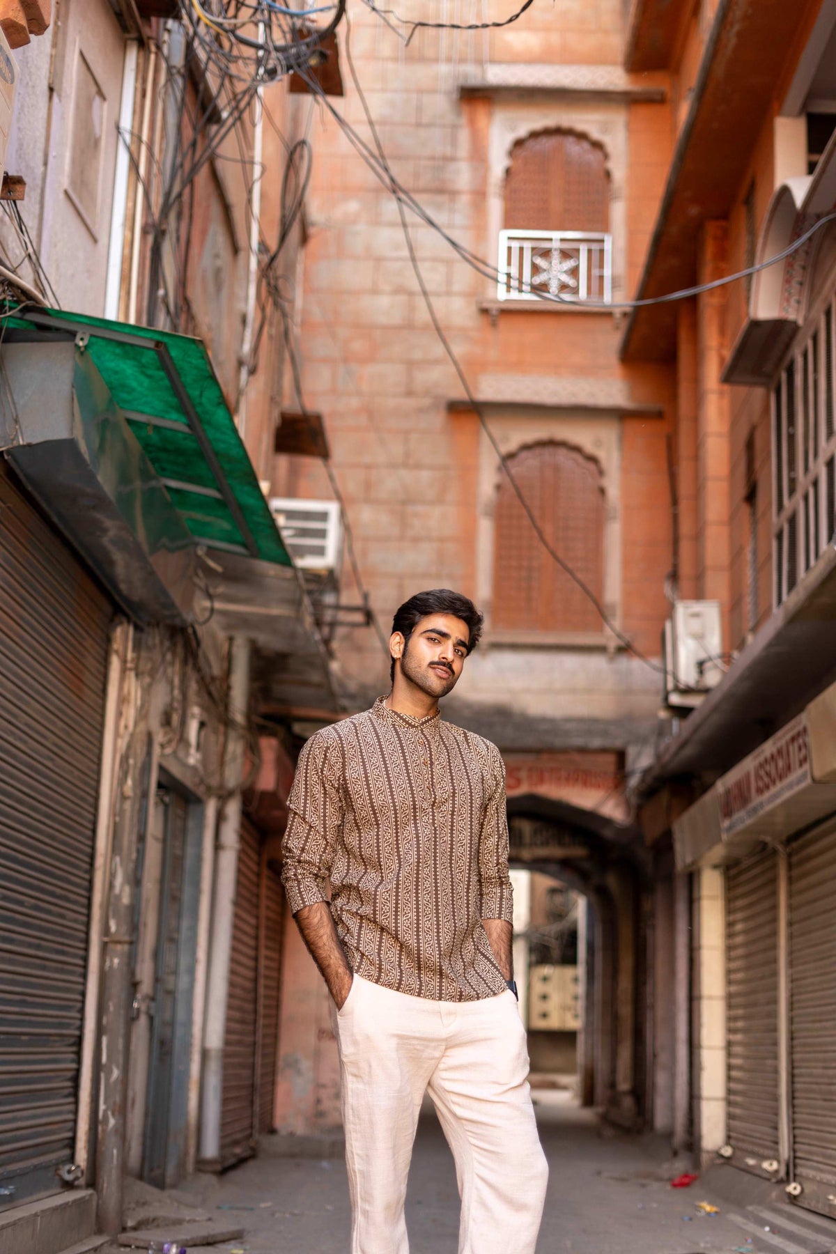 The Charcoal Tribal Stripe Short Kurta