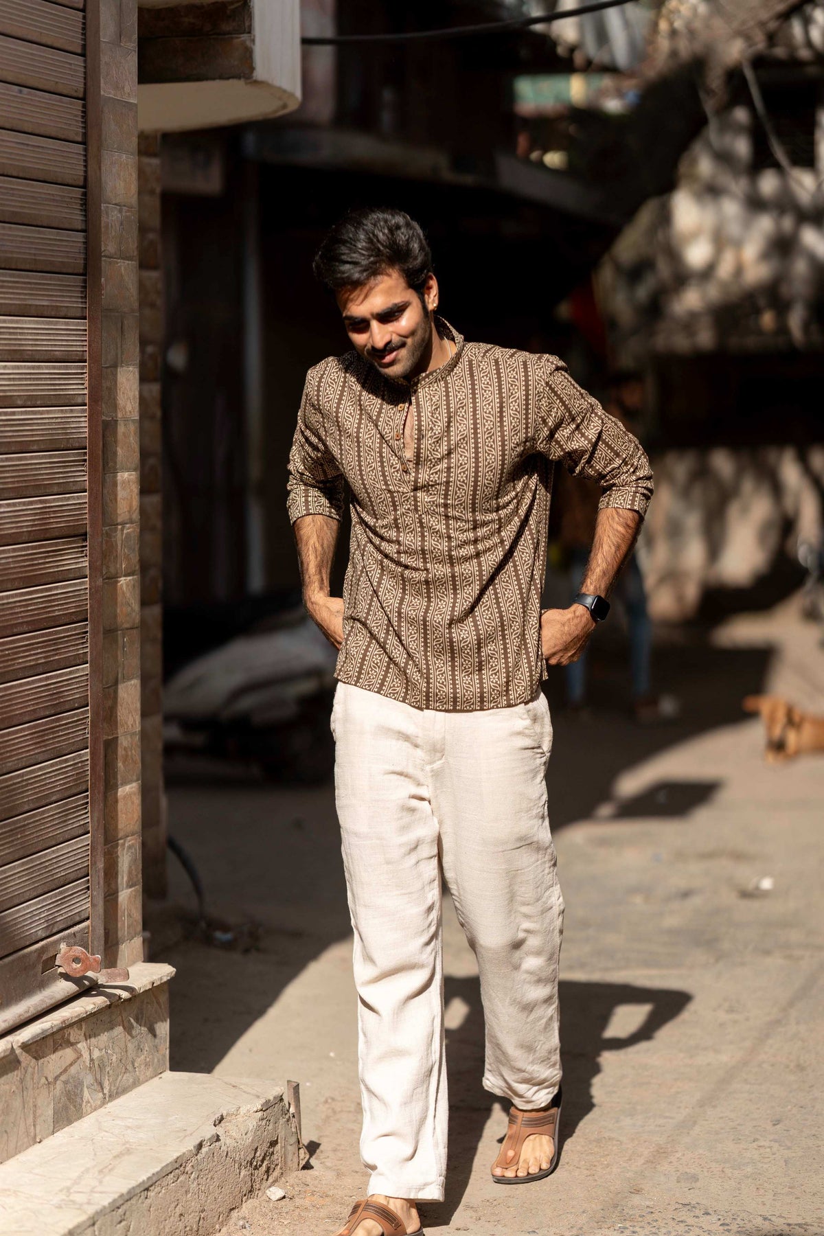 The Charcoal Tribal Stripe Short Kurta