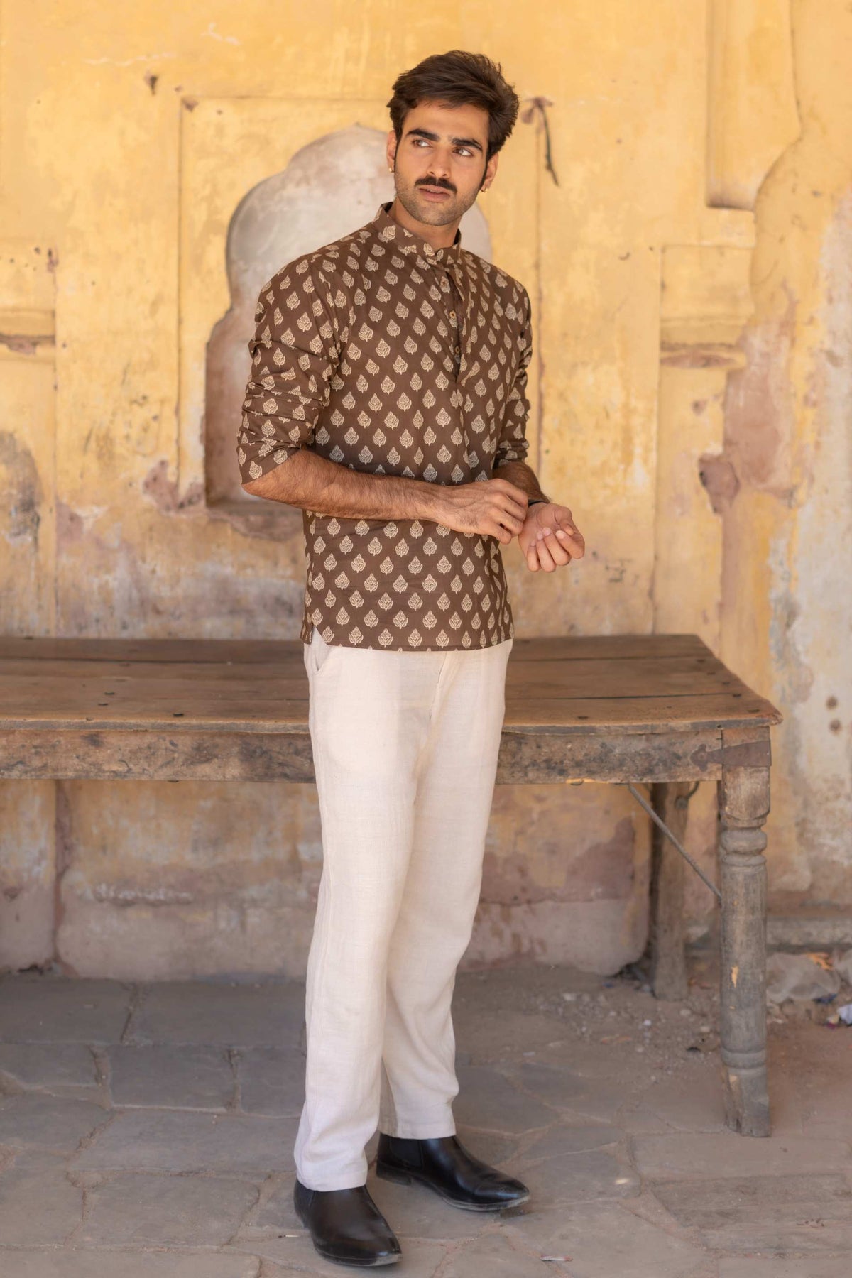 The Dark Brown Floral Motif Short Kurta