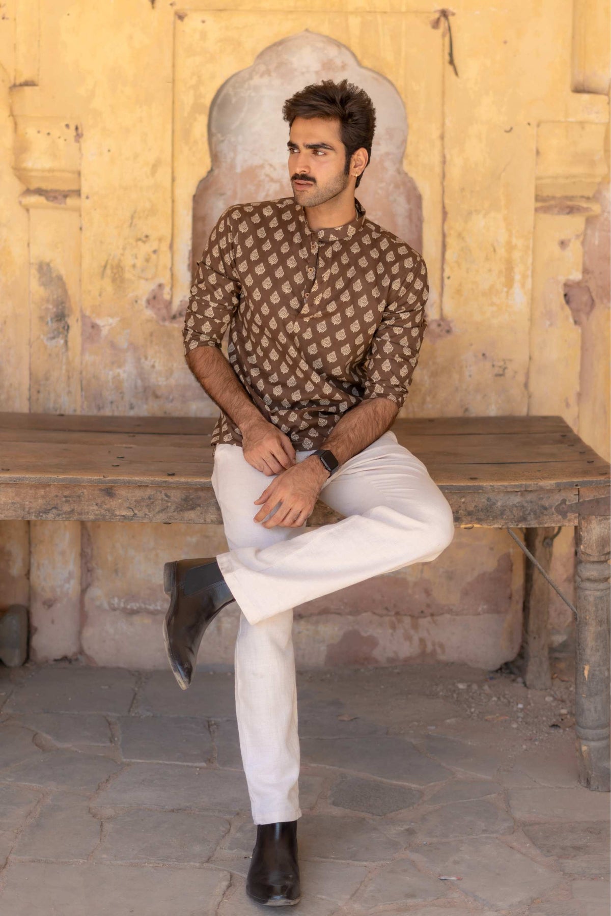 The Dark Brown Floral Motif Short Kurta