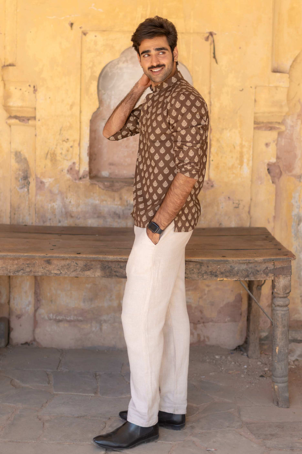 The Dark Brown Floral Motif Short Kurta