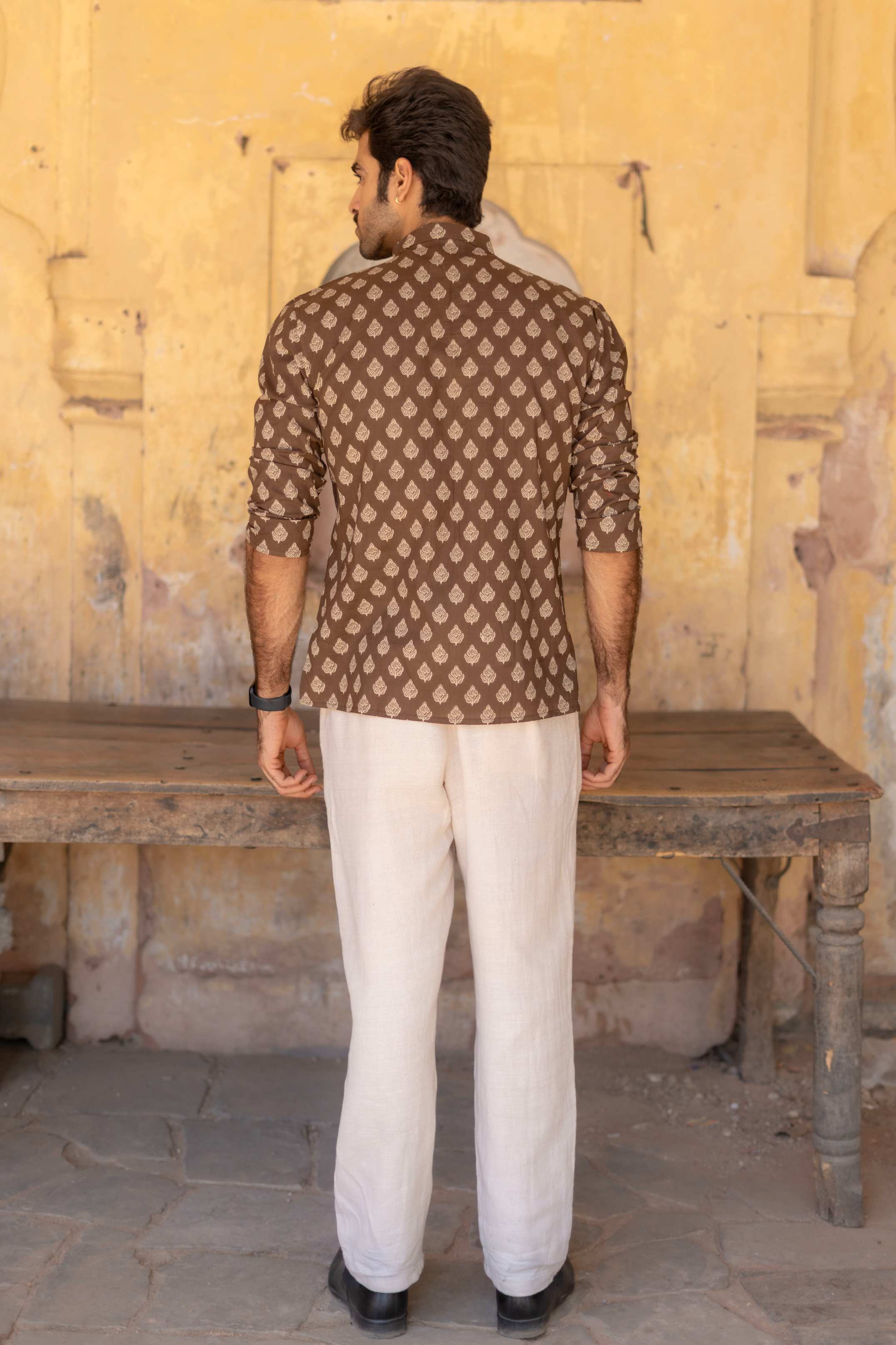 The Dark Brown Floral Motif Short Kurta