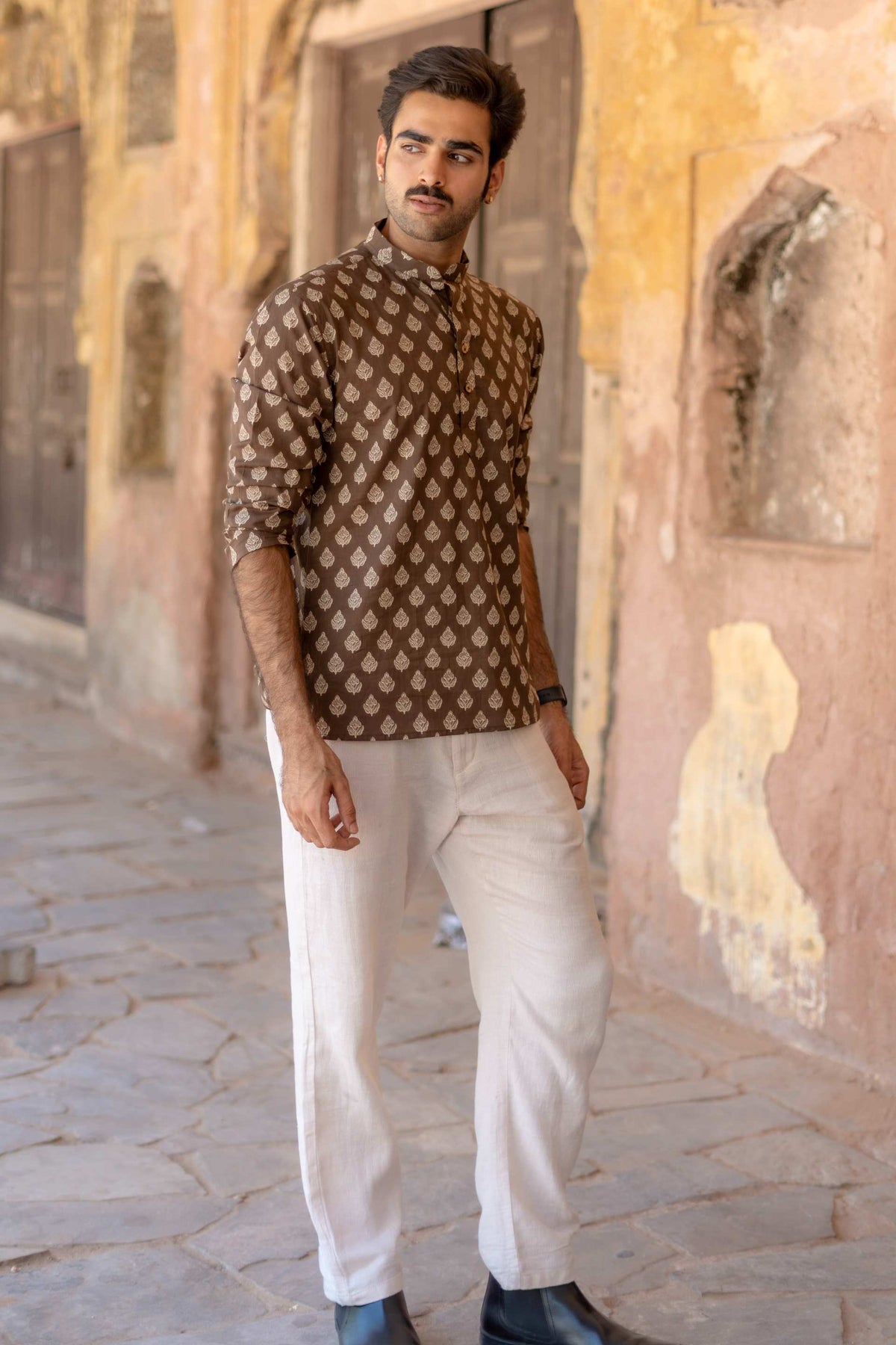 The Dark Brown Floral Motif Short Kurta