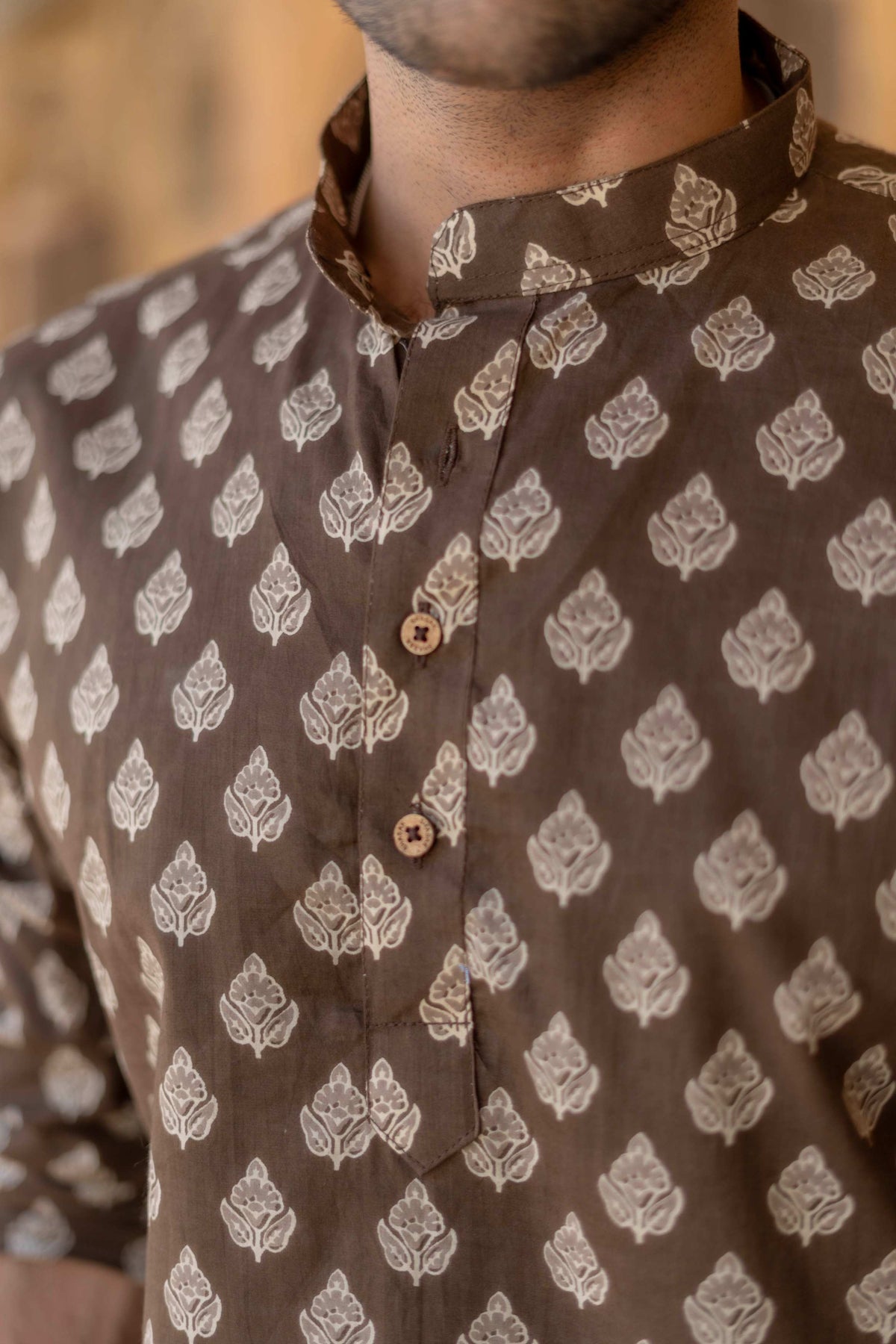 The Dark Brown Floral Motif Short Kurta
