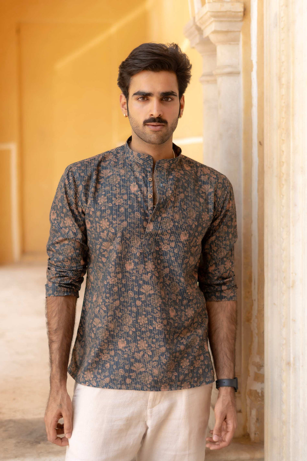 The Deep Navy Kantha Work Short Kurta with Floral Print