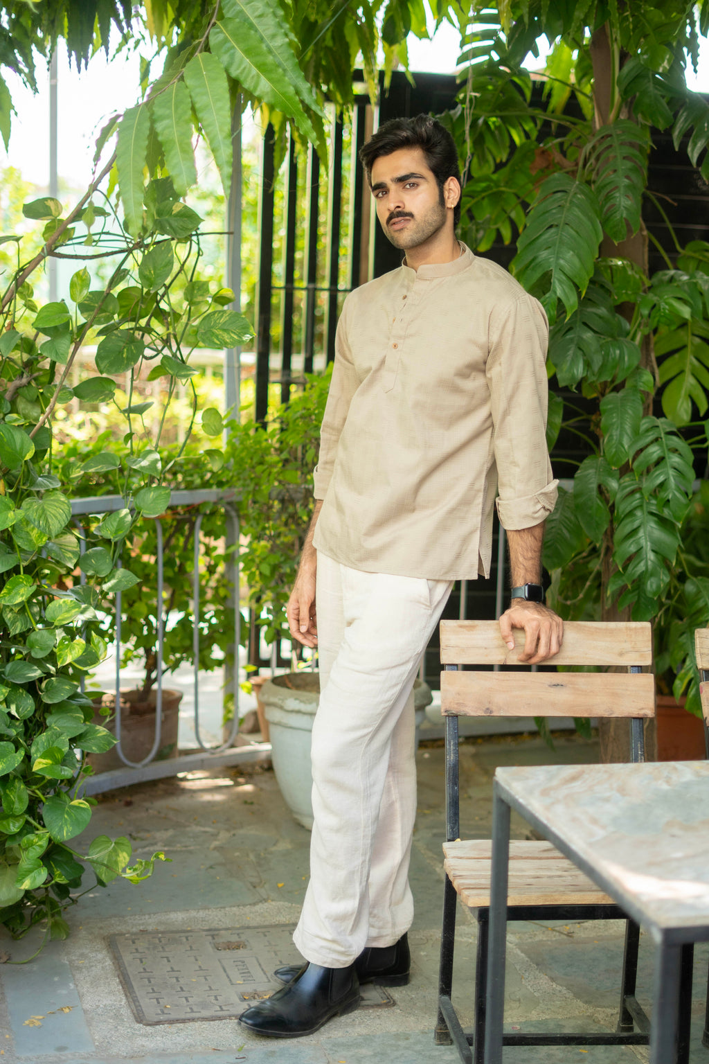 The Earth Sand Short Kurta with Self Work
