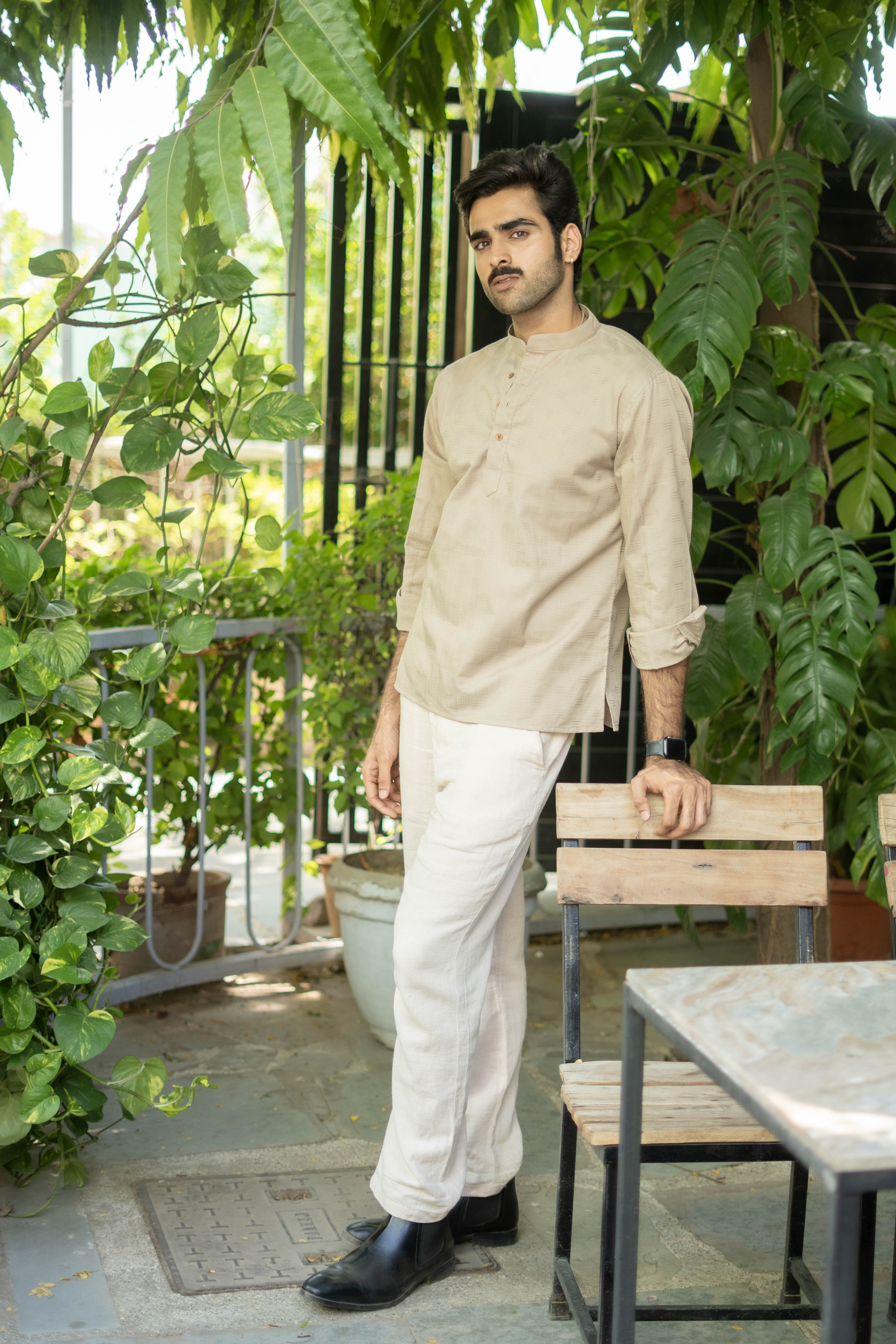 The Earth Sand Short Kurta with Self Work