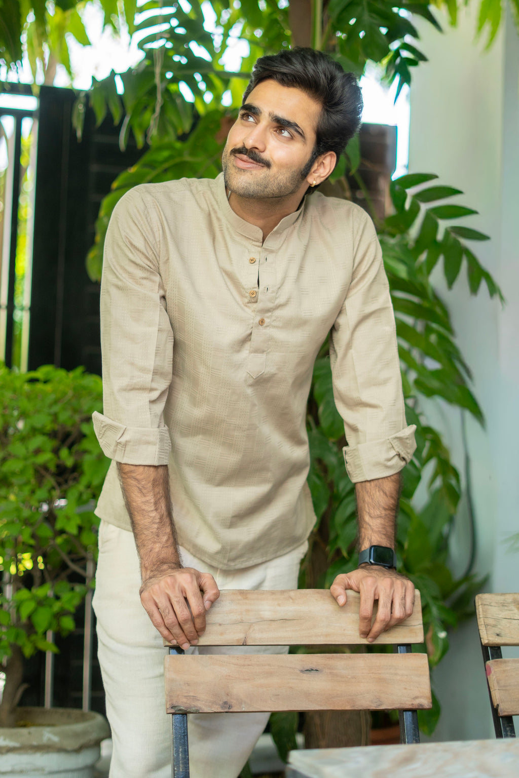The Earth Sand Short Kurta with Self Work