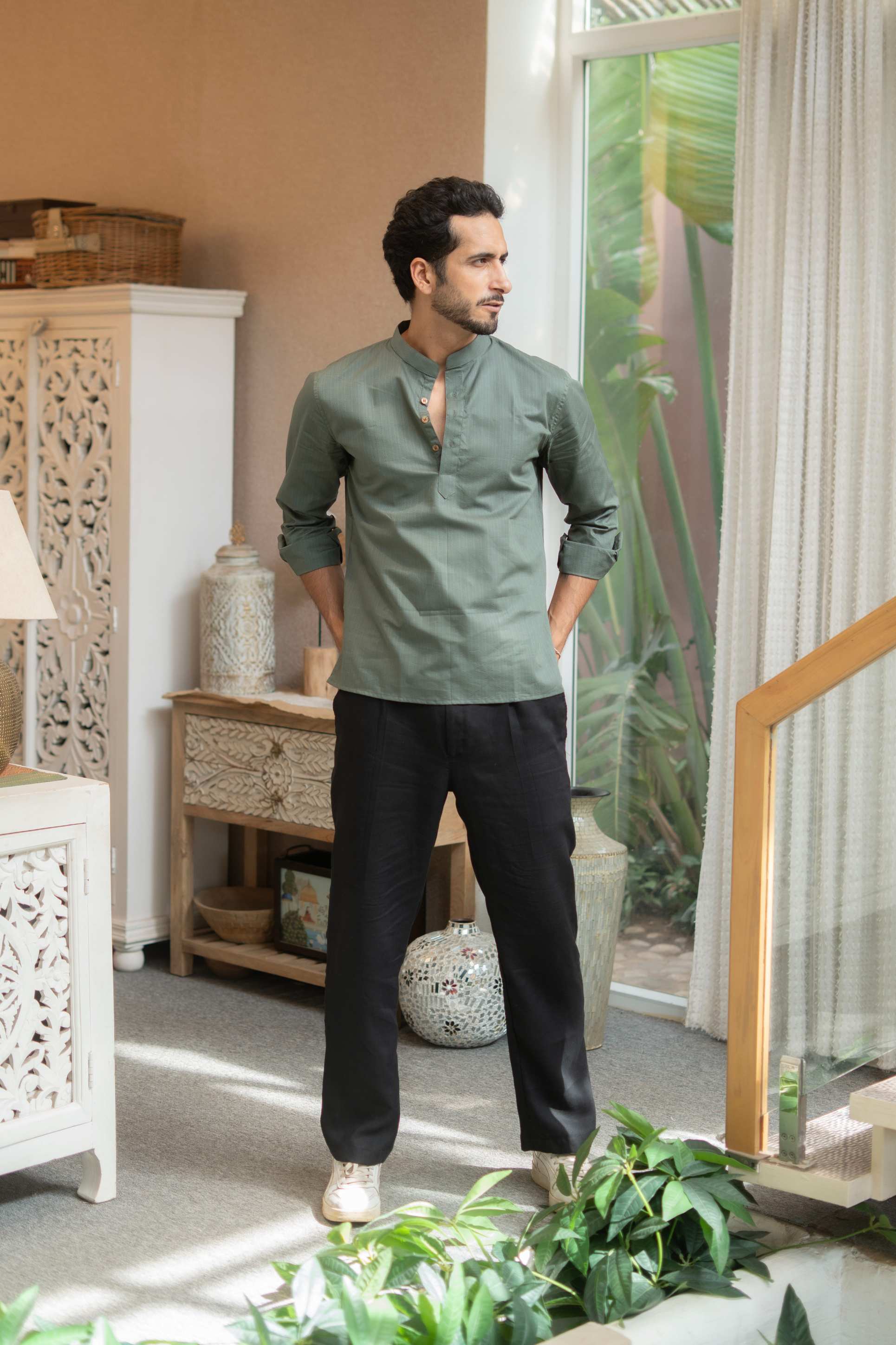 The Muted Olive Short Kurta with Striped Weave Texture