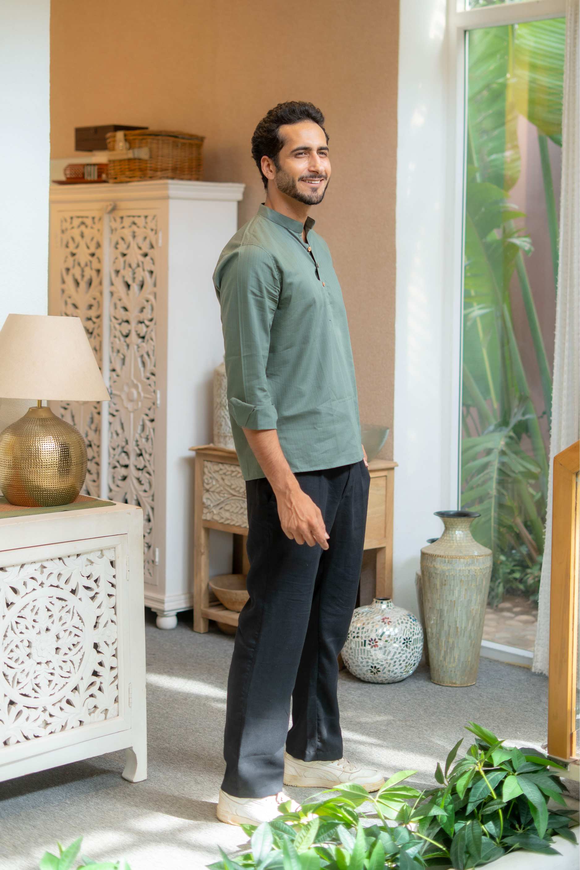 The Muted Olive Short Kurta with Striped Weave Texture