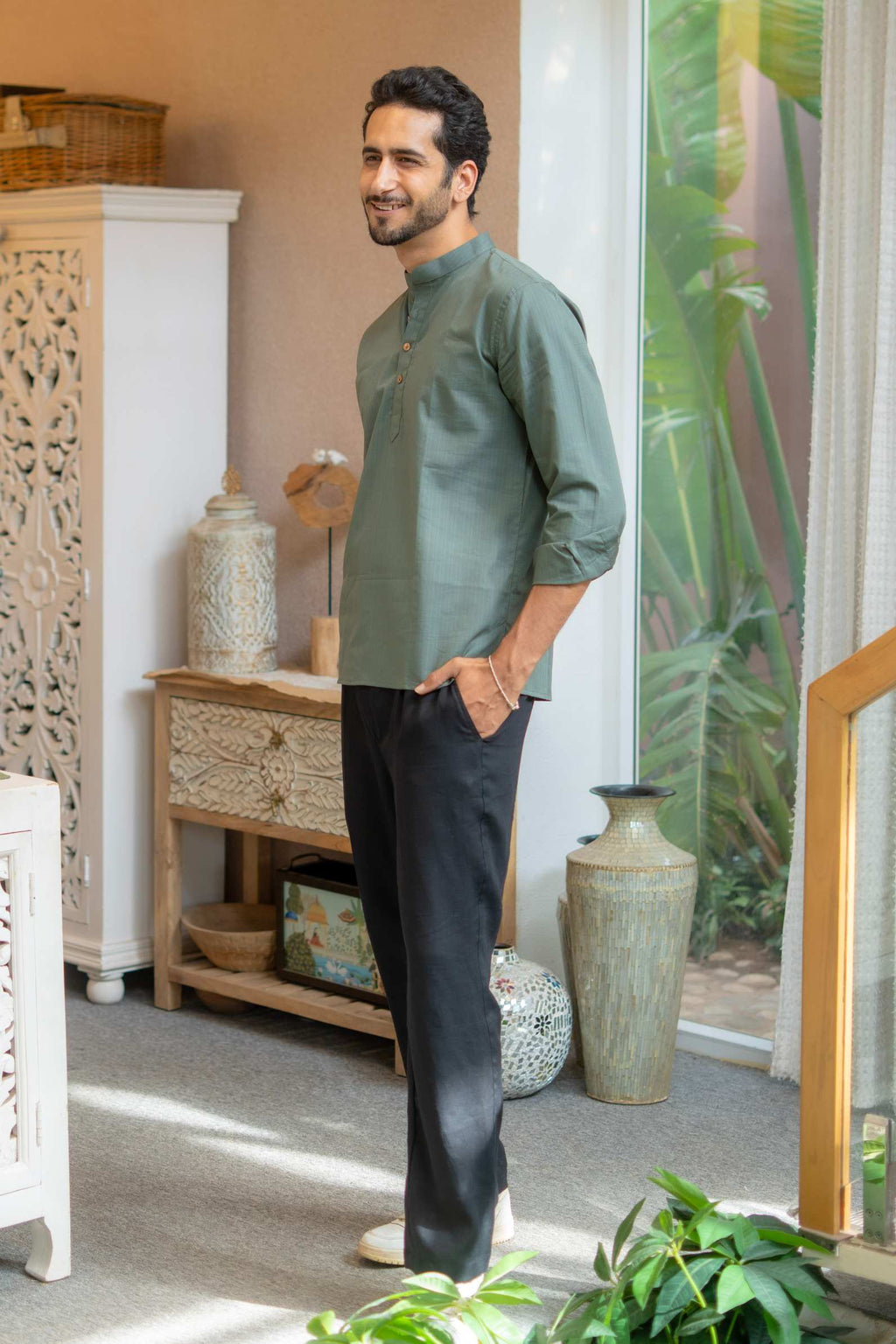 The Muted Olive Short Kurta with Striped Weave Texture