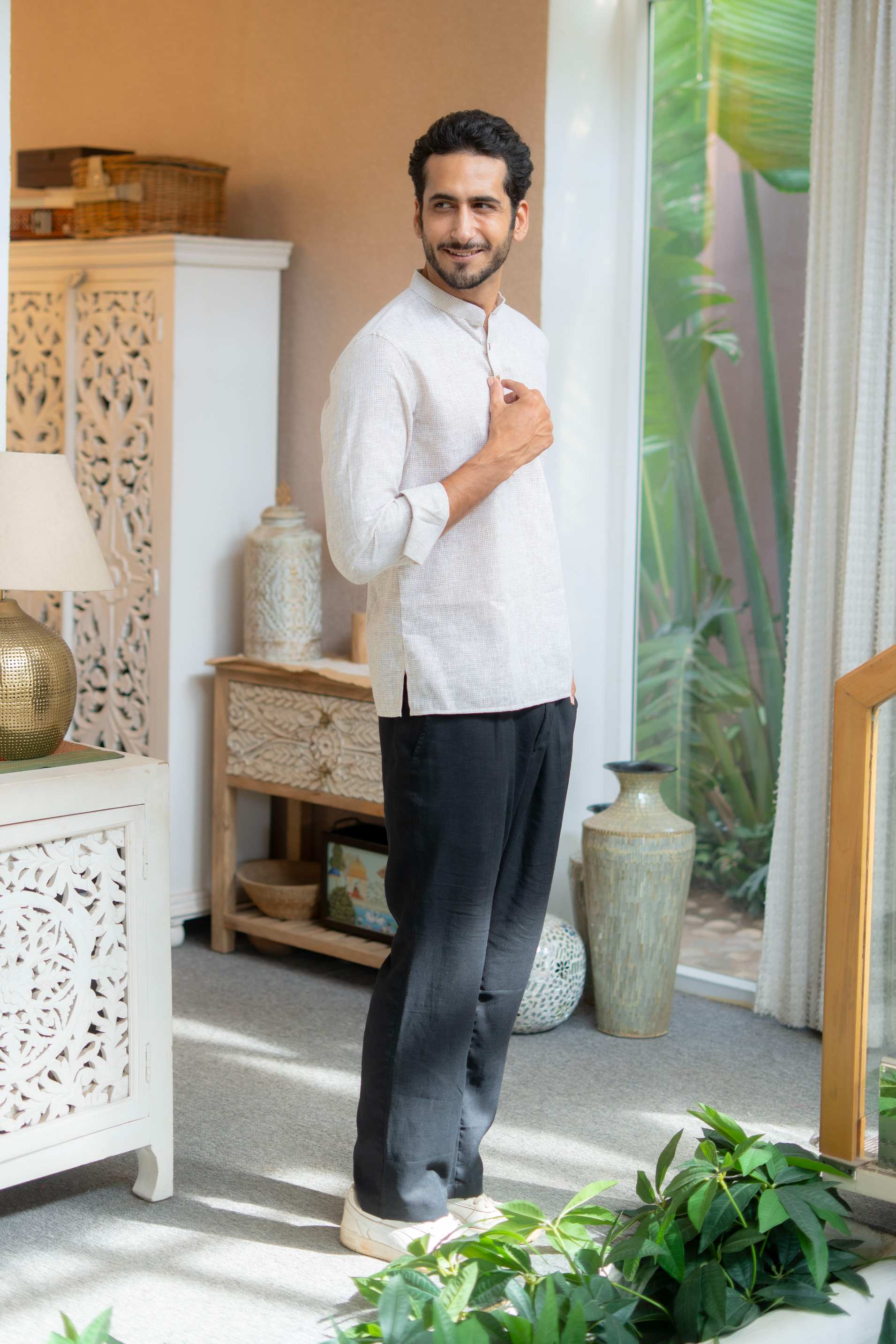The Off White Yarn Dyed Short Kurta with Beige Weave Design