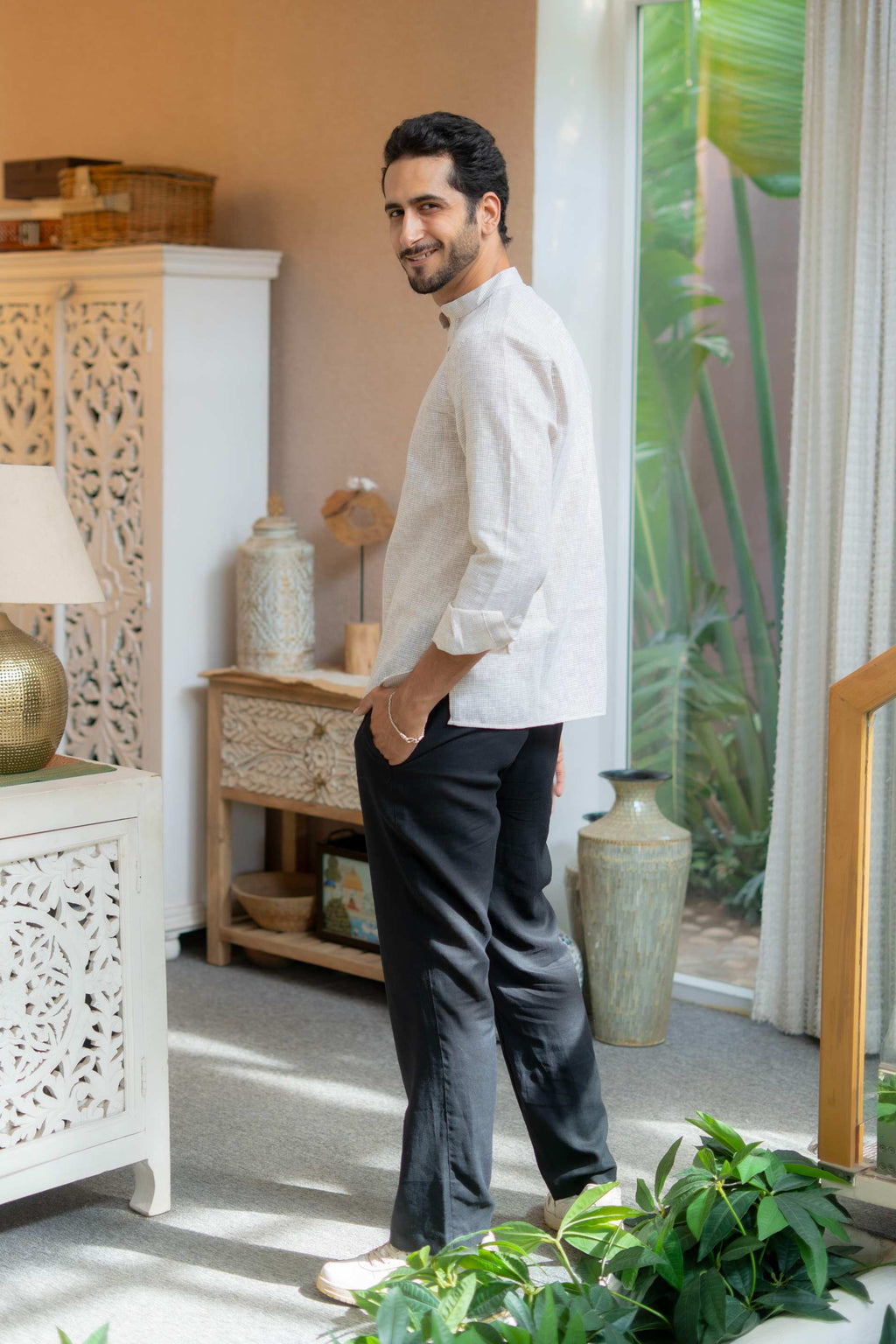 The Off White Yarn Dyed Short Kurta with Beige Weave Design