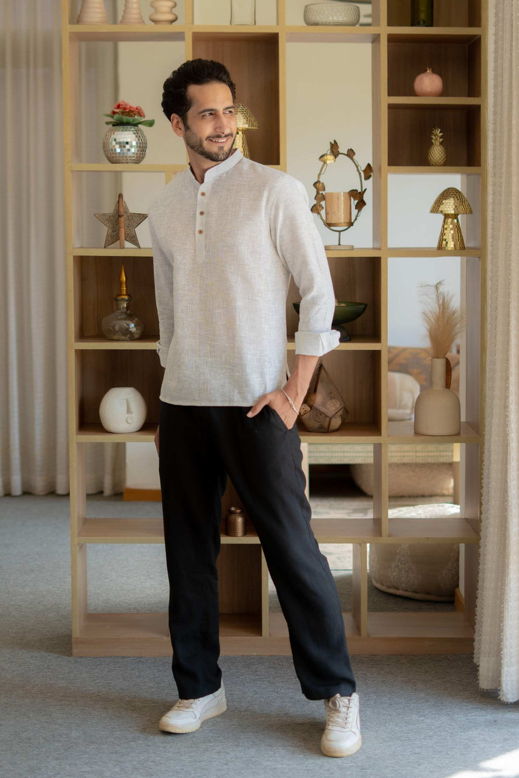 The Off White Yard Dyed Short Kurta with Olive Weave Design