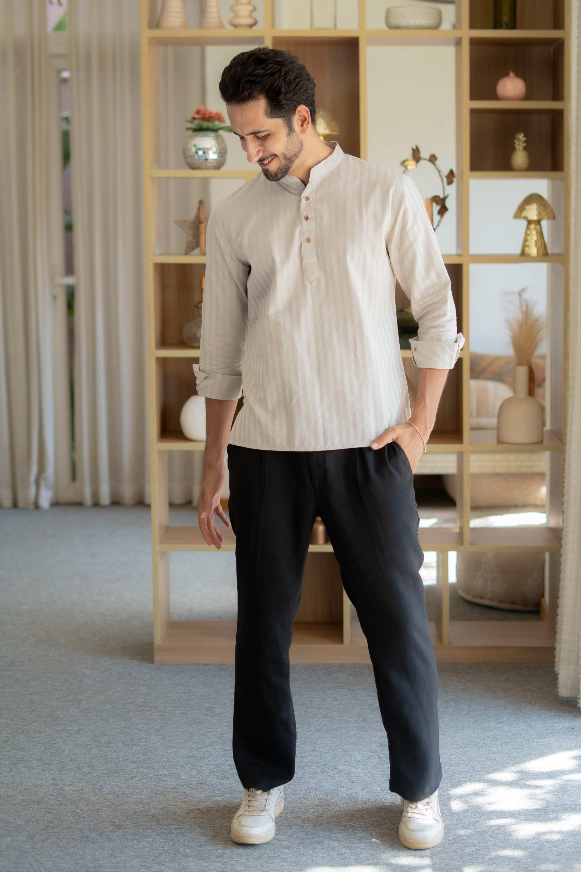 The Stone Grey Short Kurta with with Self Stripe Work