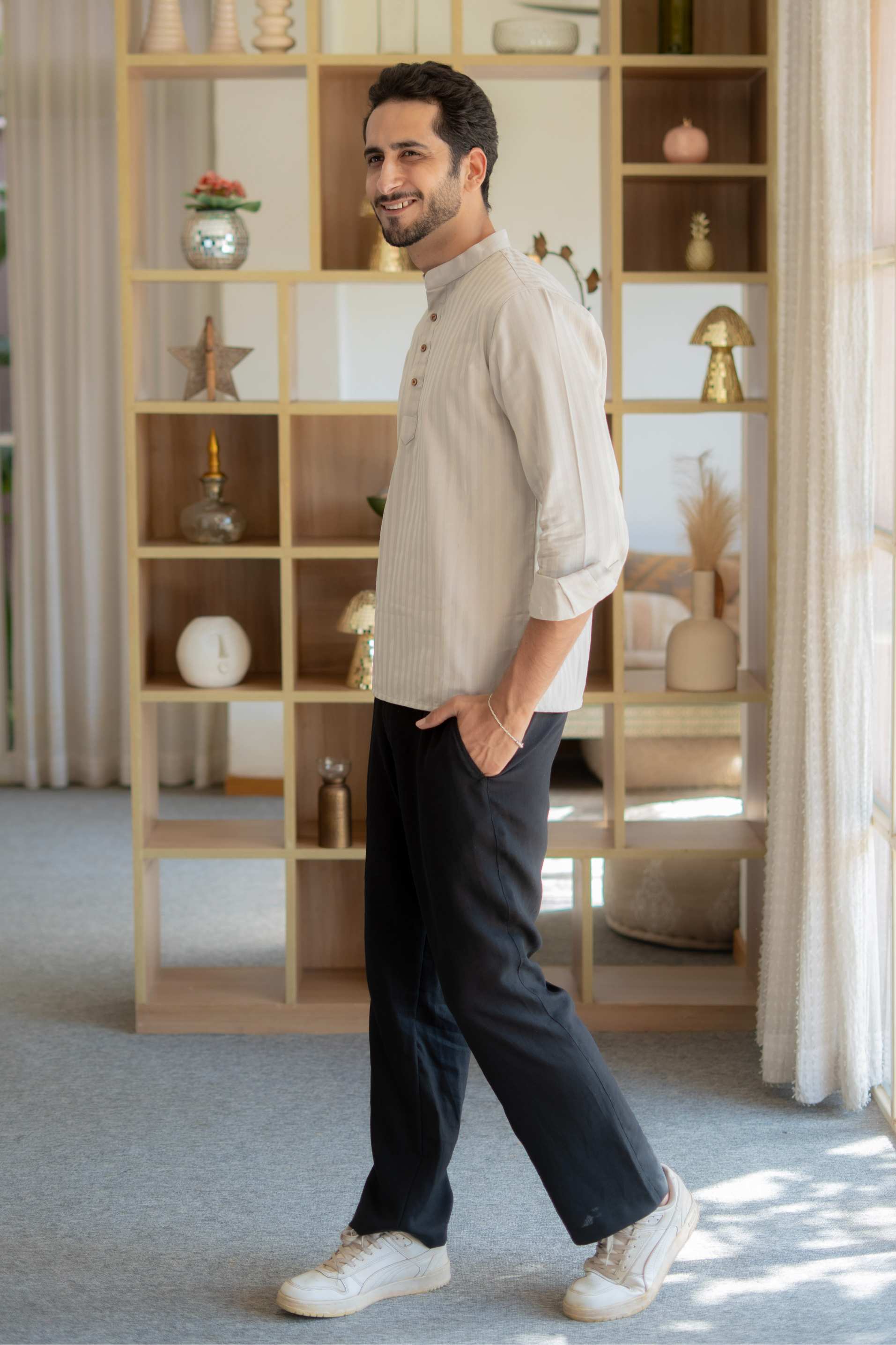 The Stone Grey Short Kurta with with Self Stripe Work