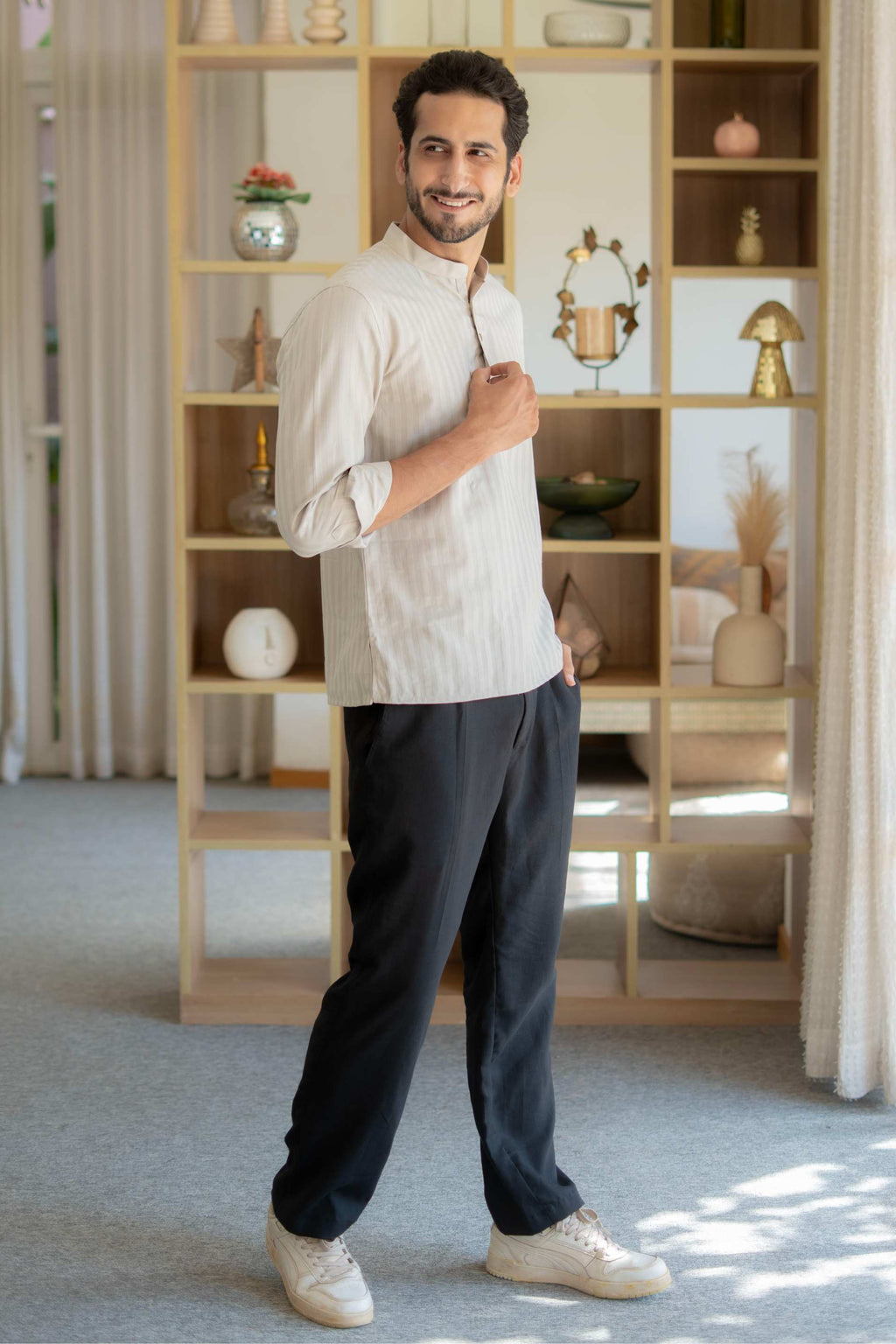 The Stone Grey Short Kurta with with Self Stripe Work