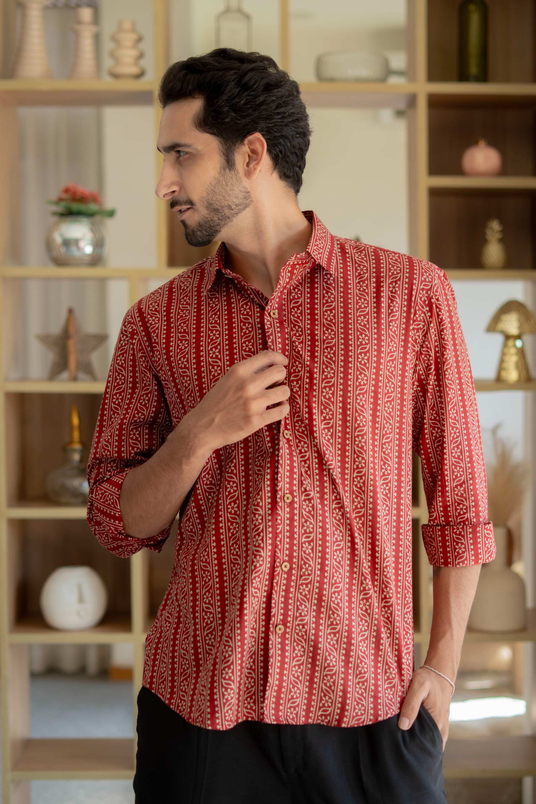 The Rust Red Tribal Stripe Full Sleeves Shirt