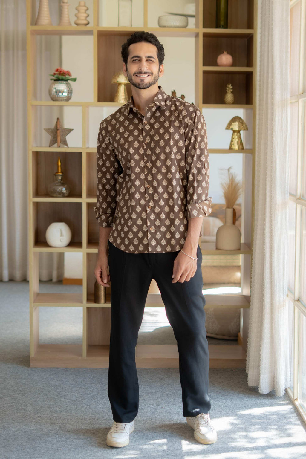 The Dark Brown Floral Motif Full Sleeves Shirt