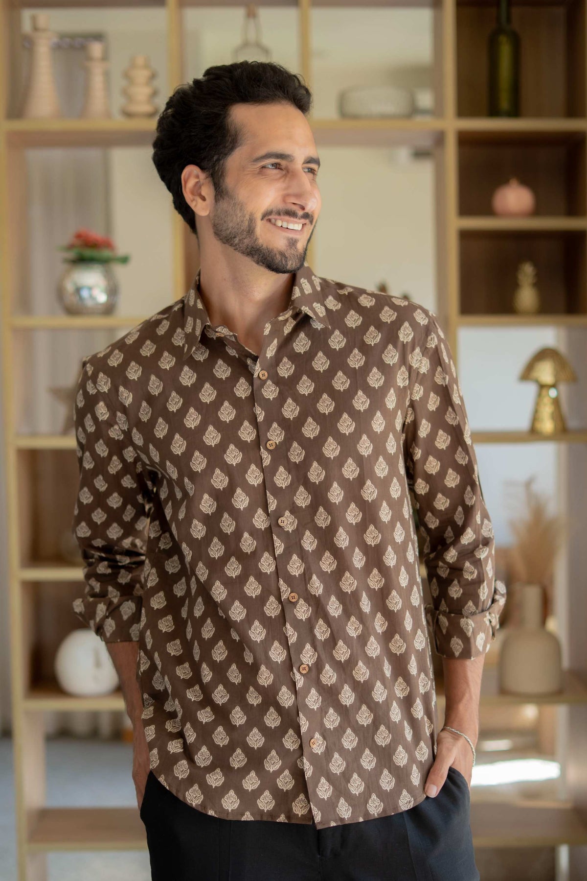The Dark Brown Floral Motif Full Sleeves Shirt