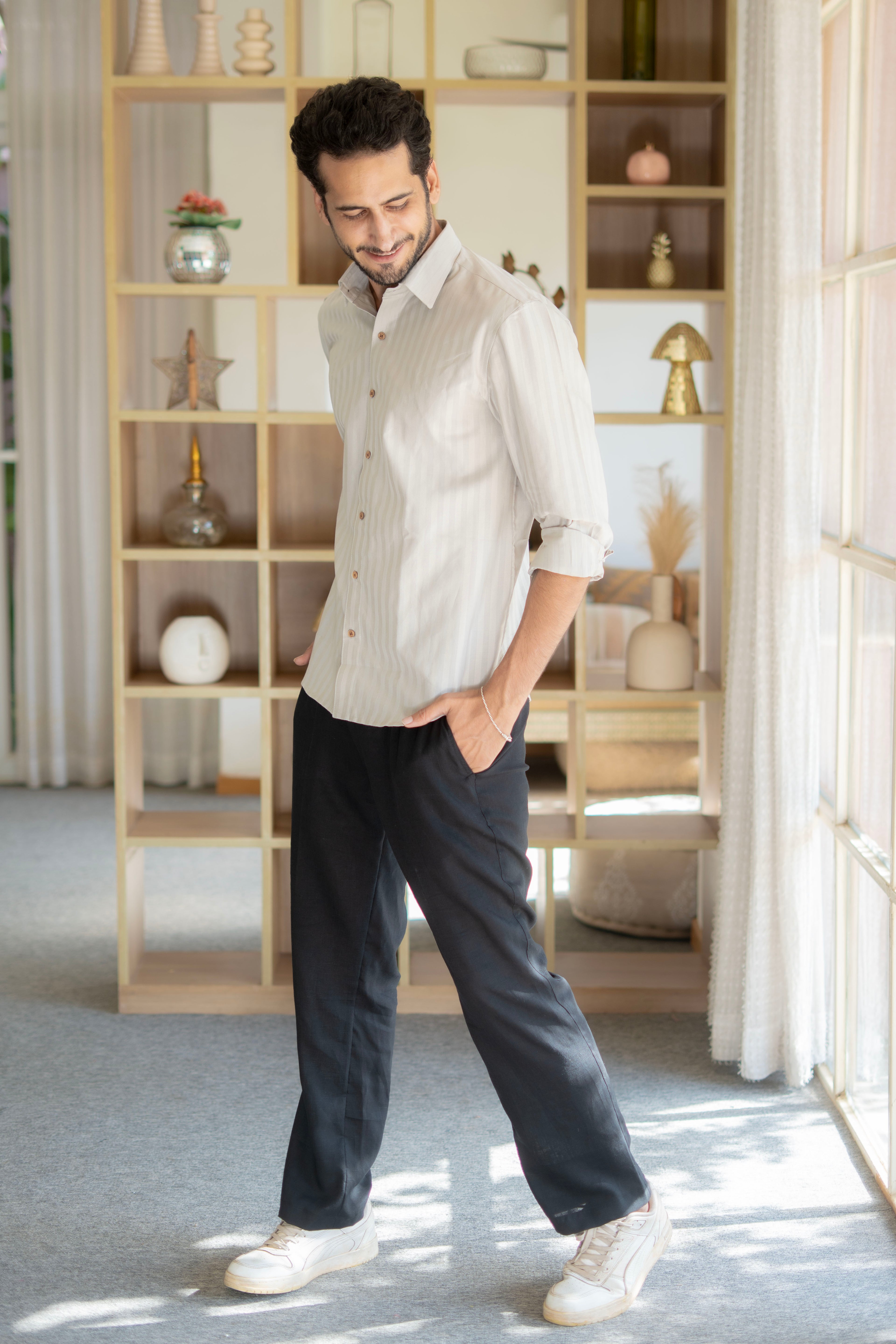 The Stone Grey Full Sleeves Shirt with with Self Stripe Work