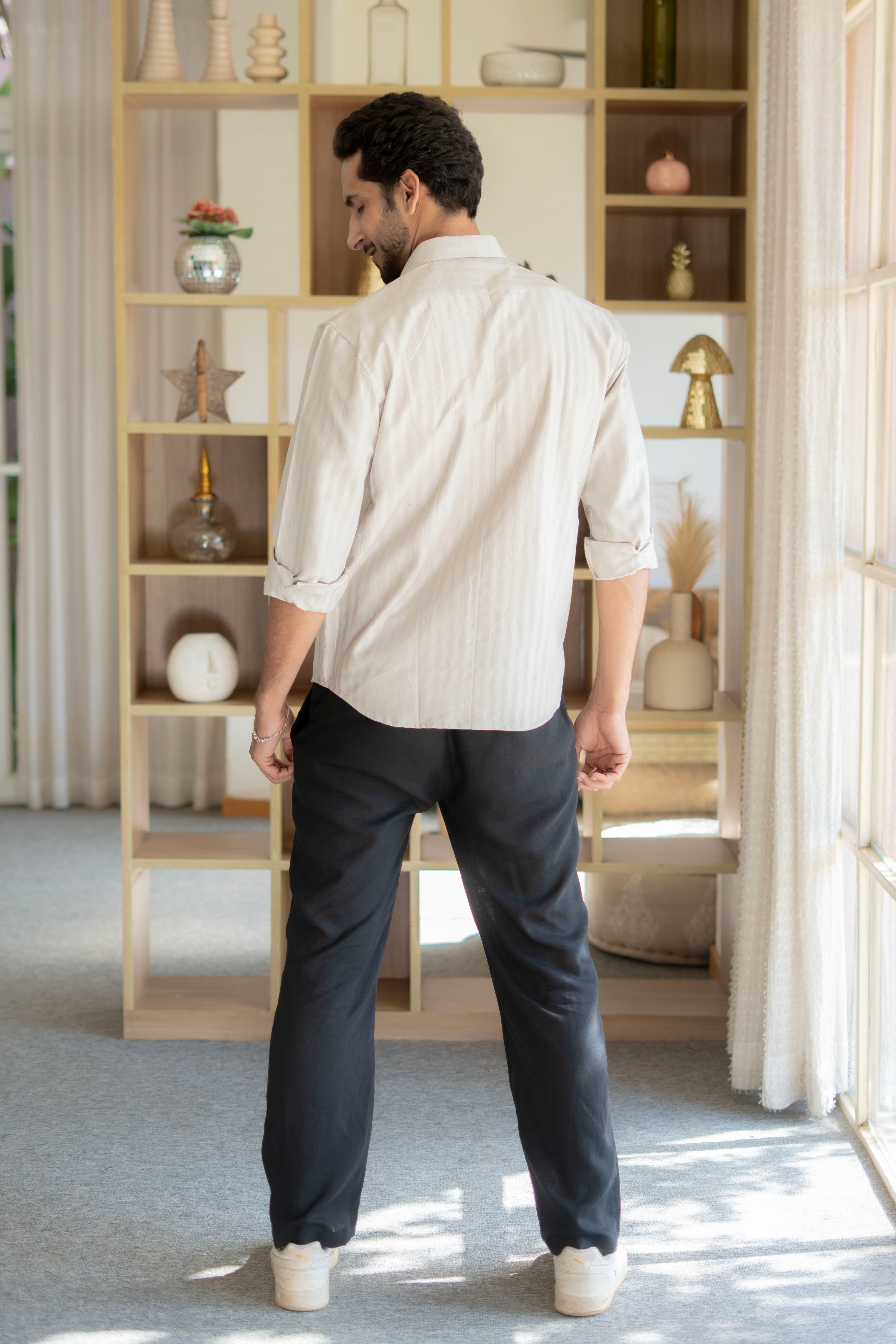 The Stone Grey Full Sleeves Shirt with with Self Stripe Work