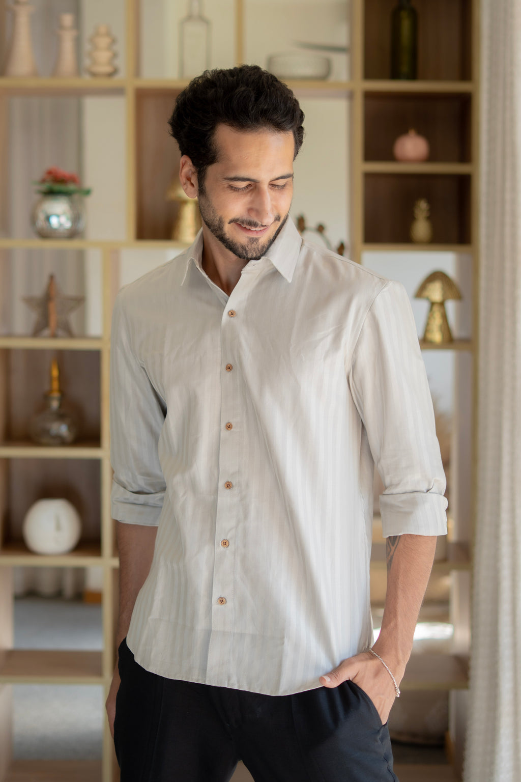 The Stone Grey Full Sleeves Shirt with with Self Stripe Work