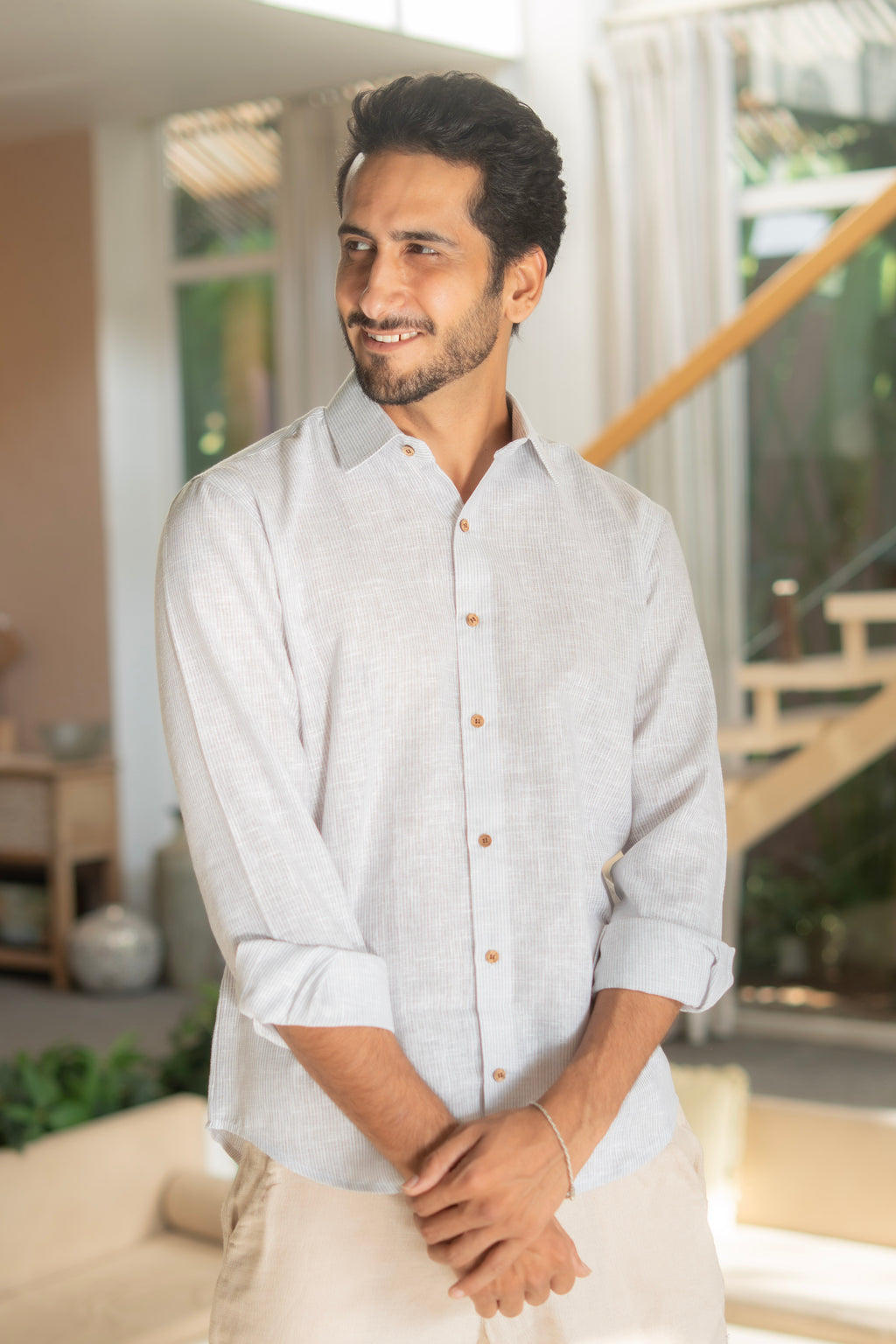 The Off White Yarn Dyed Full Sleeves Shirt with Blue Weave Design