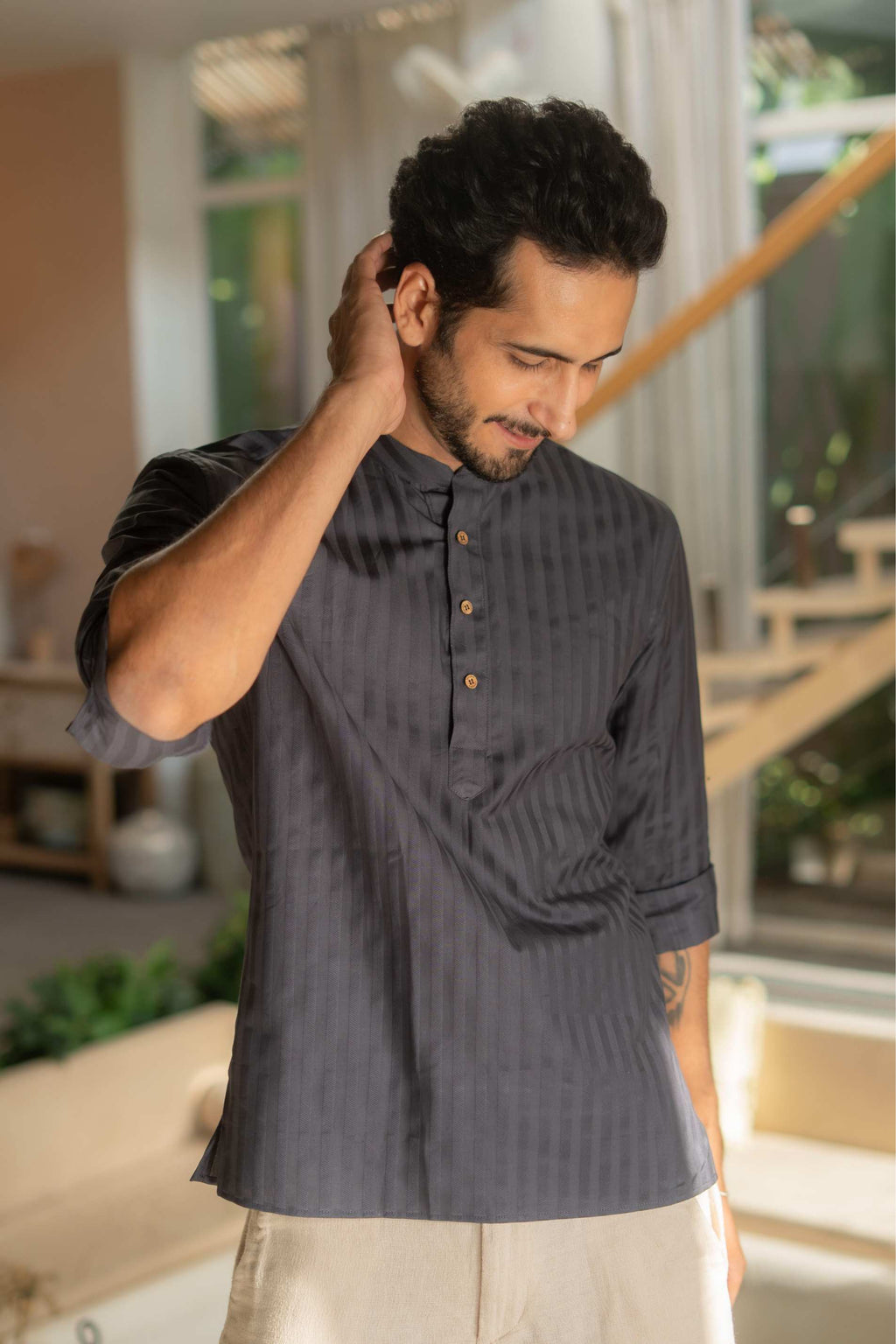 The Charcoal Short Kurta with Self Stripe Work