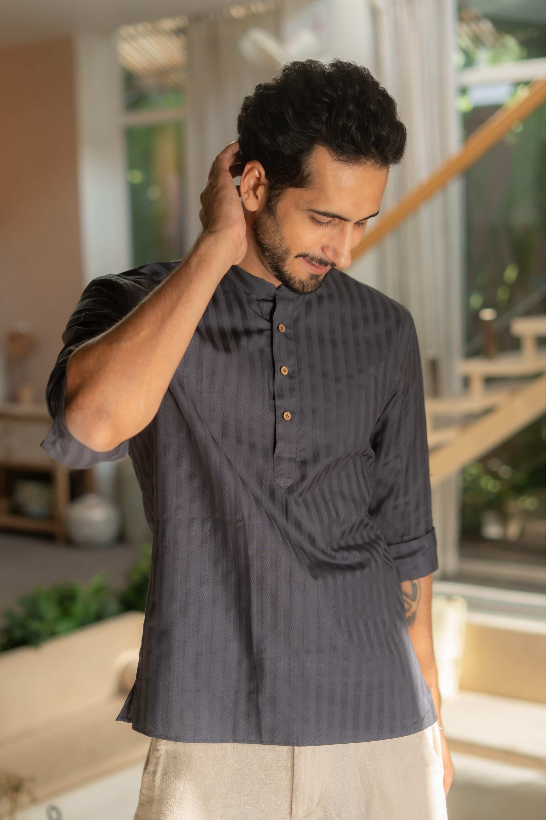The Charcoal Short Kurta with Self Stripe Work