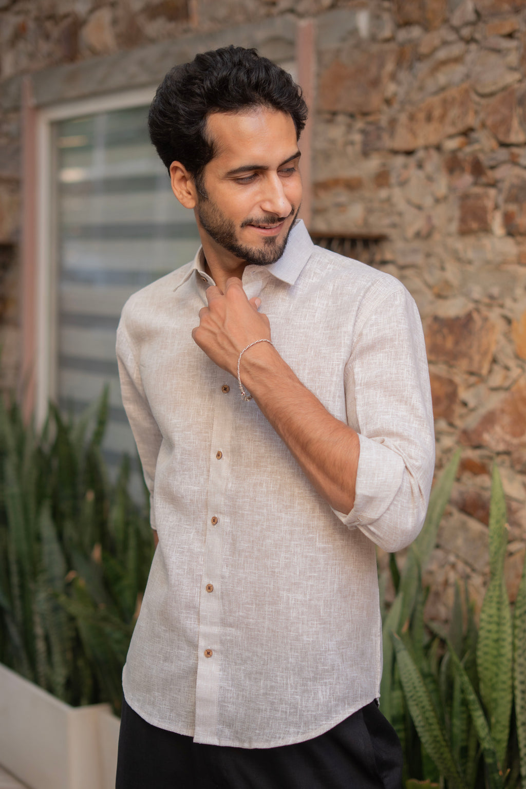 The Solid Beige Yarn Dyed Full Sleeves Shirt