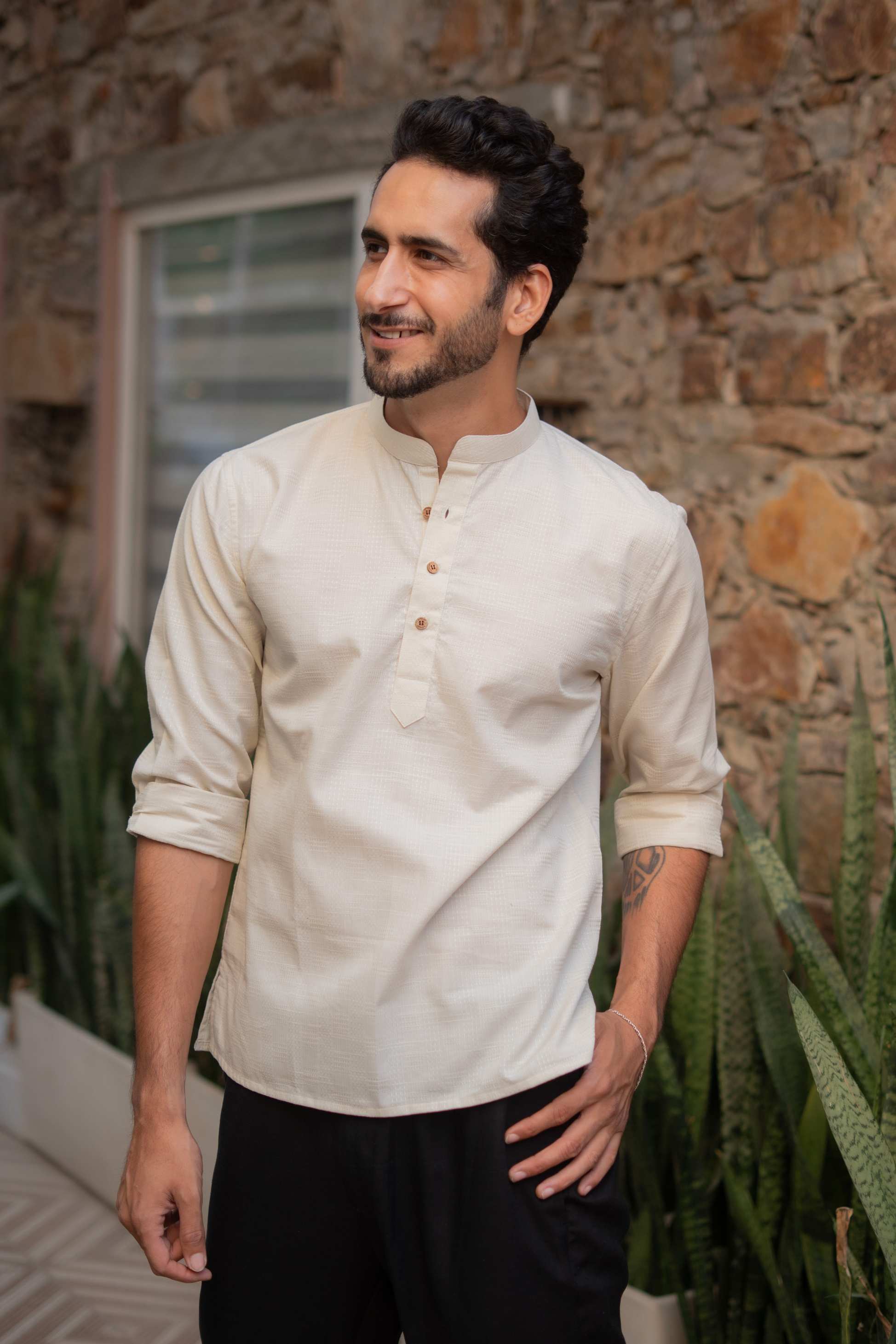 The Cream Short Kurta with Self Work