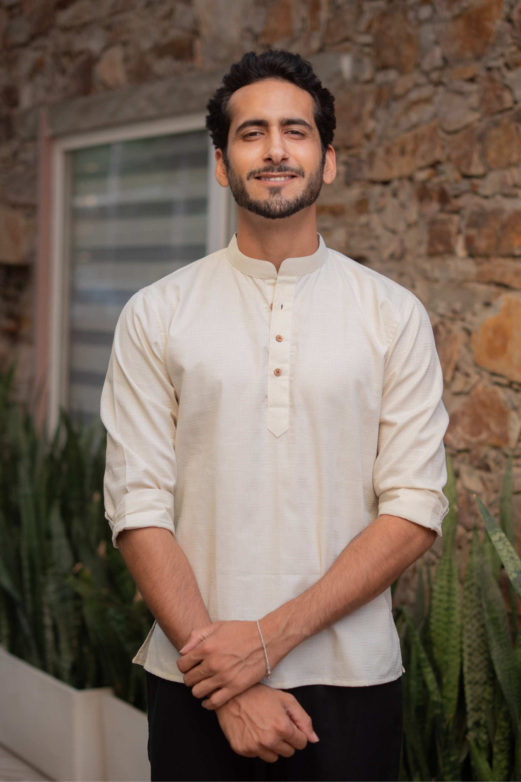 The Cream Short Kurta with Self Work
