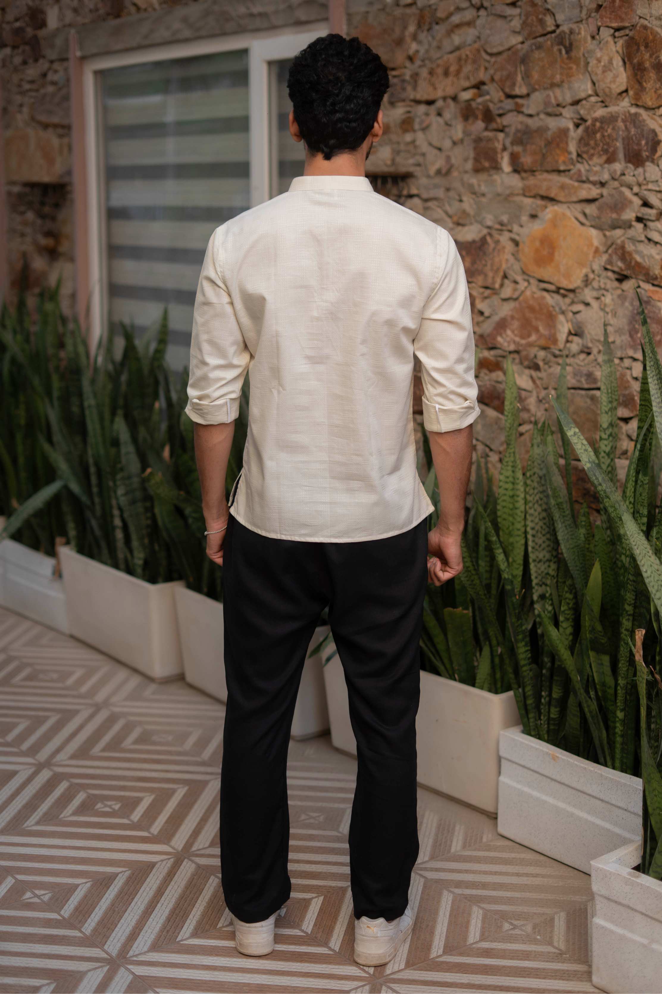 The Cream Short Kurta with Self Work