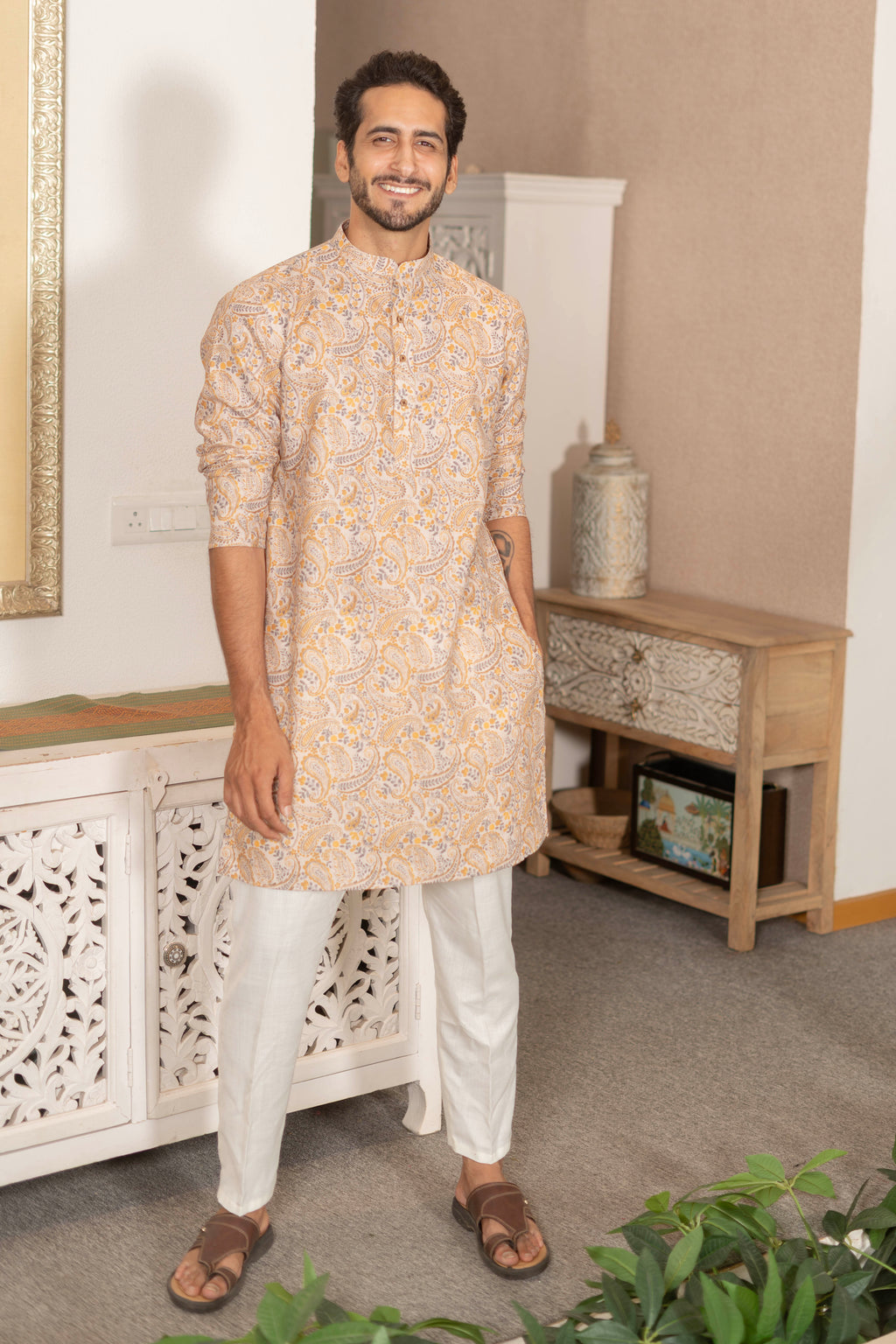 The Mustard Paisley Print Linen Blend Long Kurta