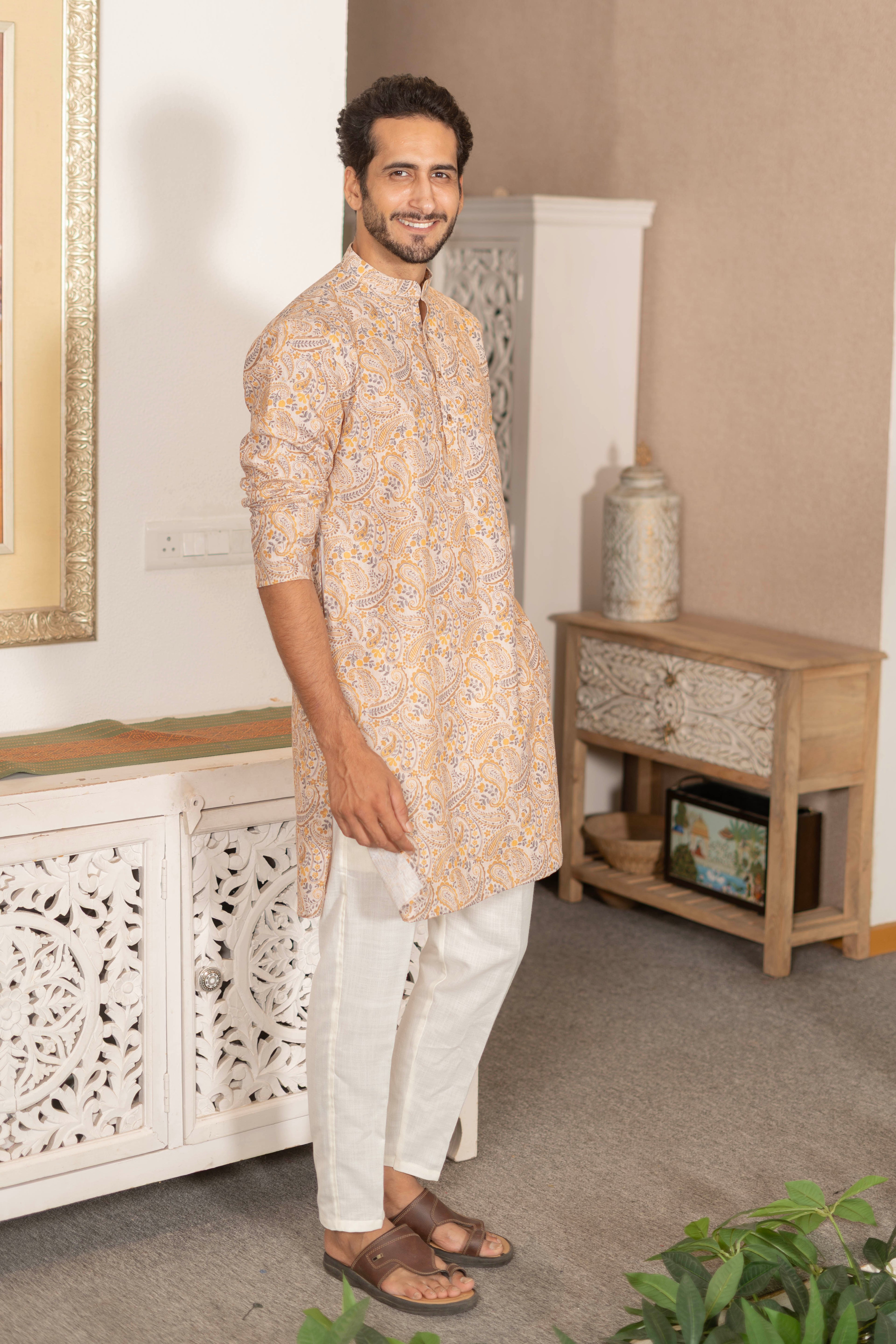 The Mustard Paisley Print Linen Blend Long Kurta
