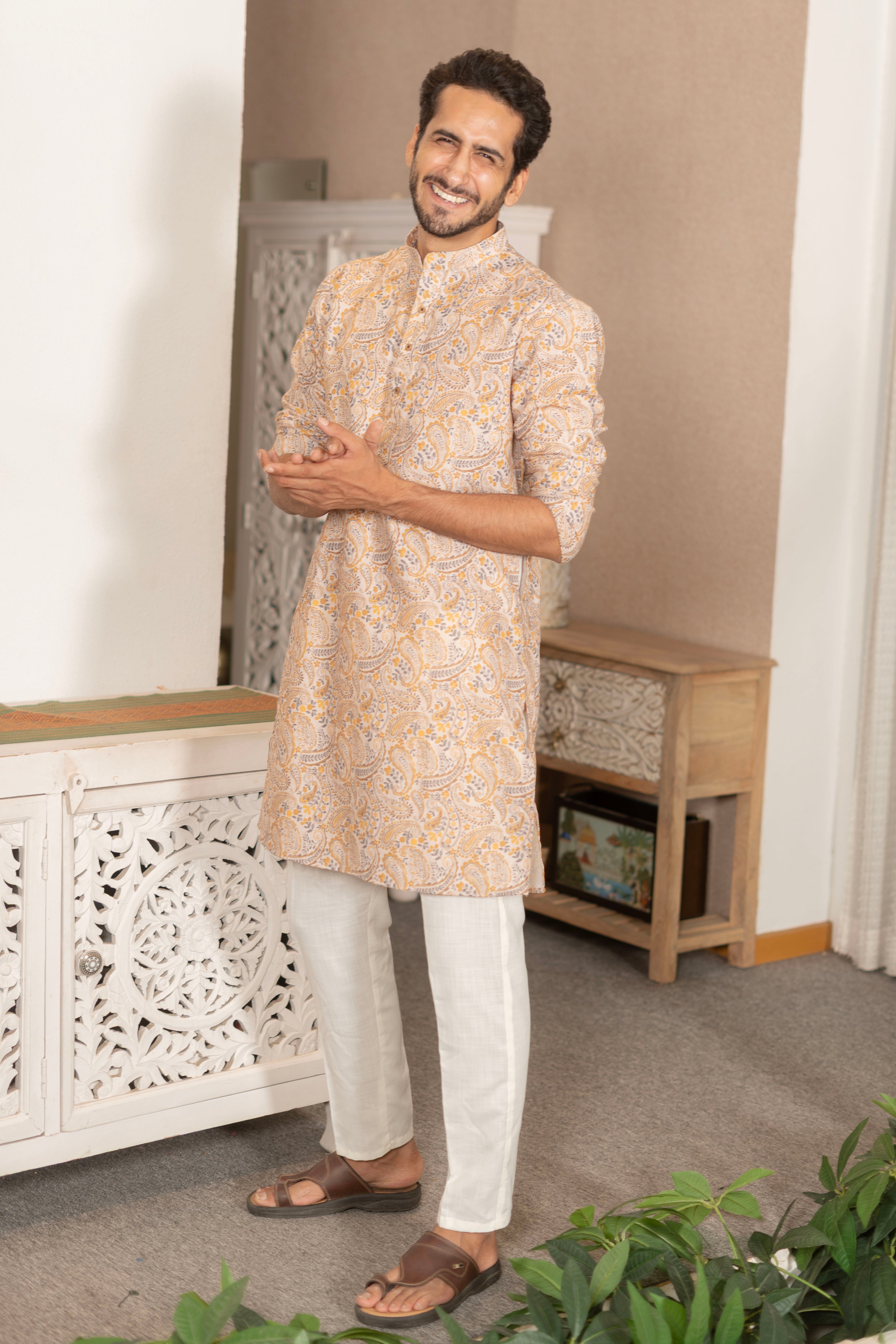 The Mustard Paisley Print Linen Blend Long Kurta