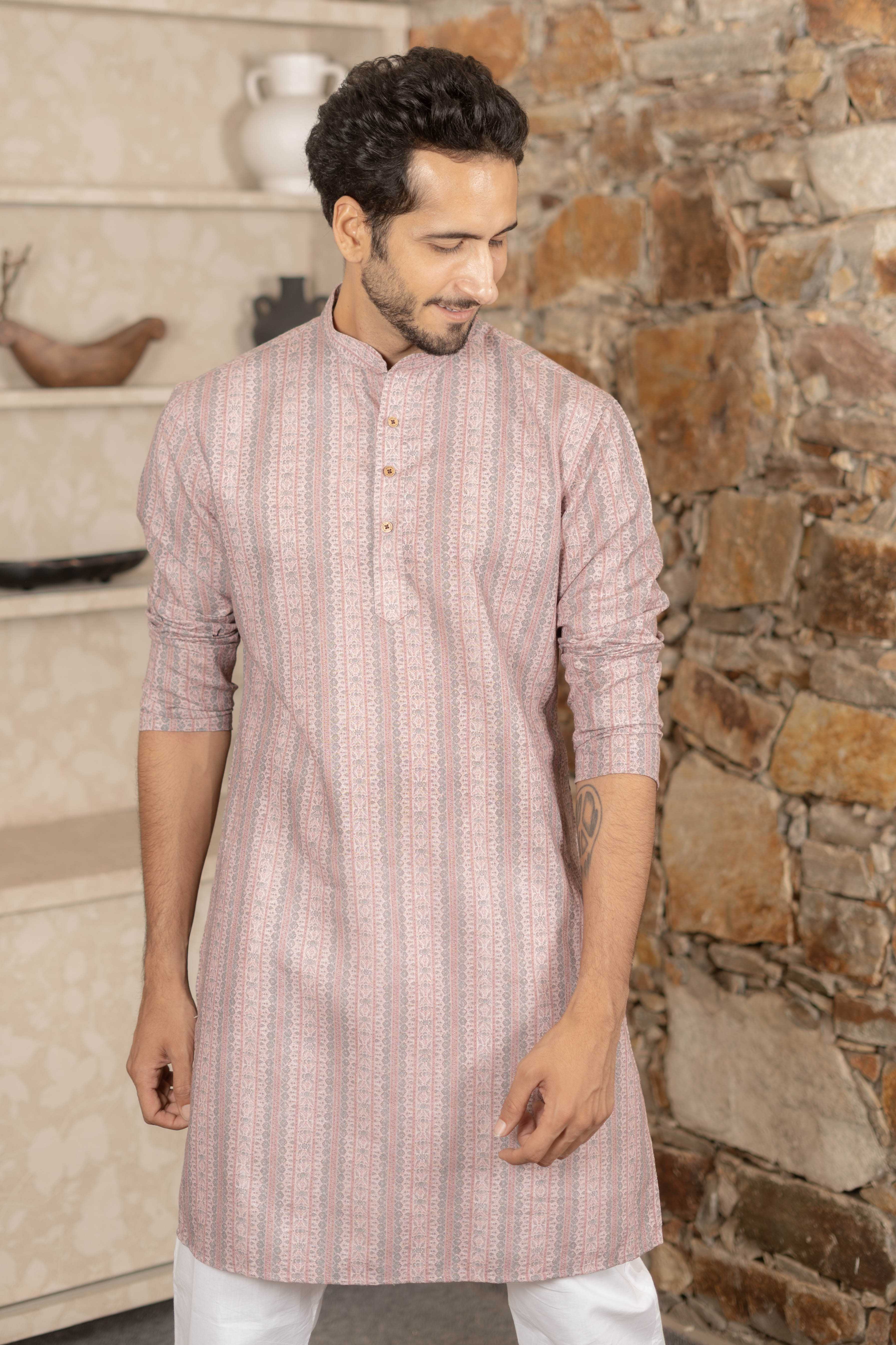 The Dusty Rose Folk Motif Stripe Linen Blend Long Kurta