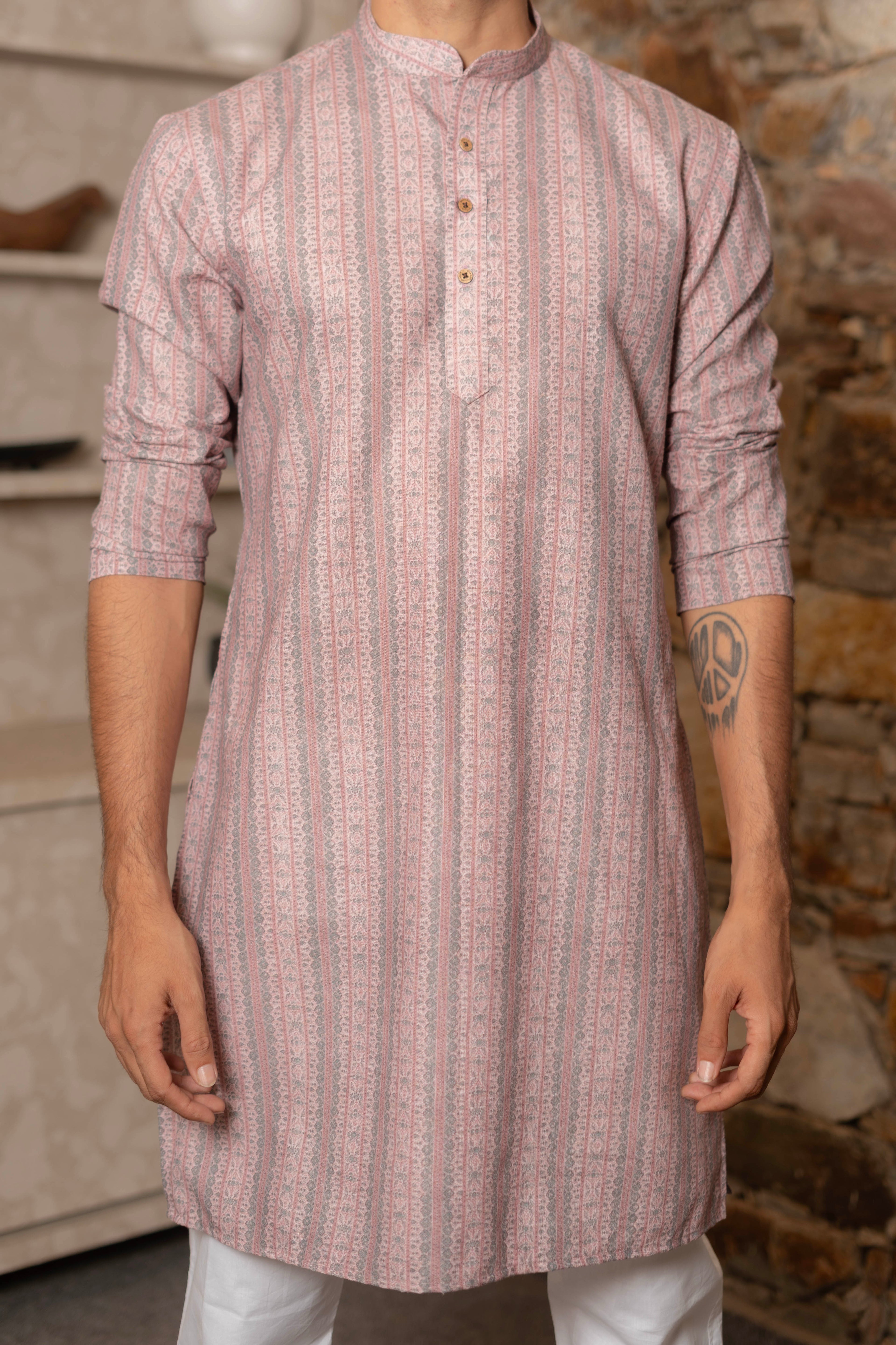 The Dusty Rose Folk Motif Stripe Linen Blend Long Kurta