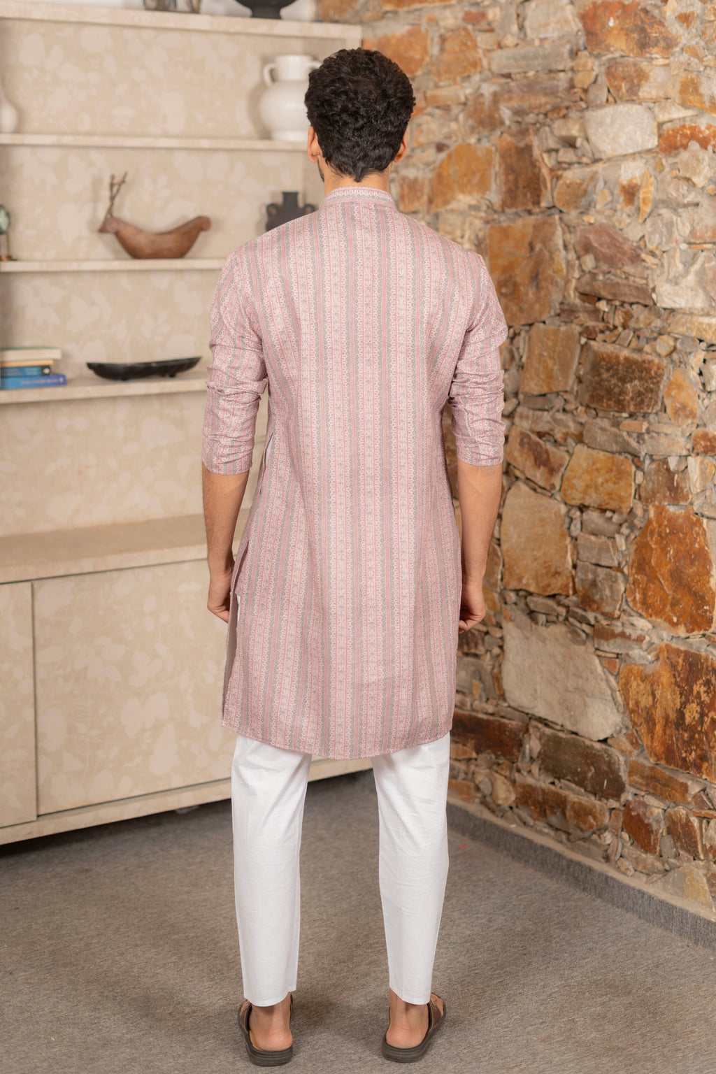 The Dusty Rose Folk Motif Stripe Linen Blend Long Kurta