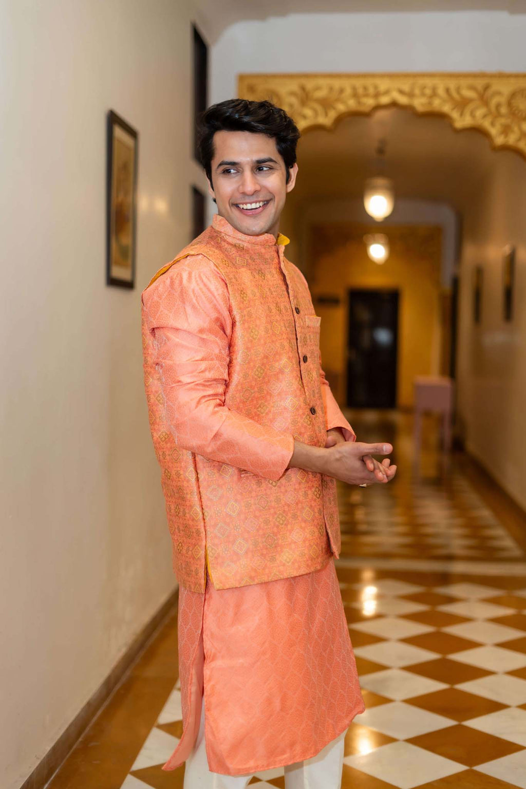 The Orange Long Kurta with Spanish Orange Banarasi Print Nehru Jacket
