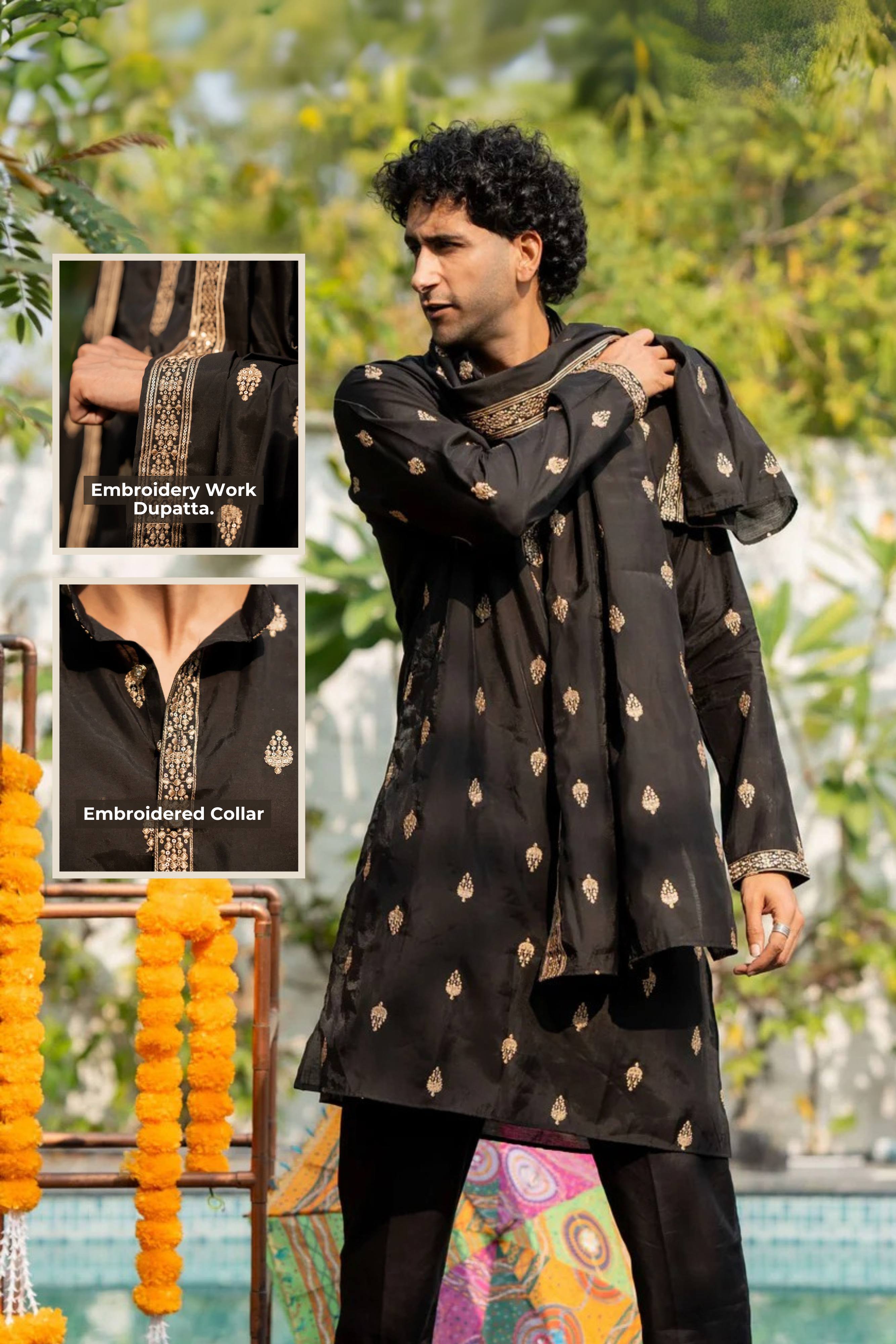 The Black Long Kurta With Butti Embroidery And Sequins Work And Dupatta and Pajama
