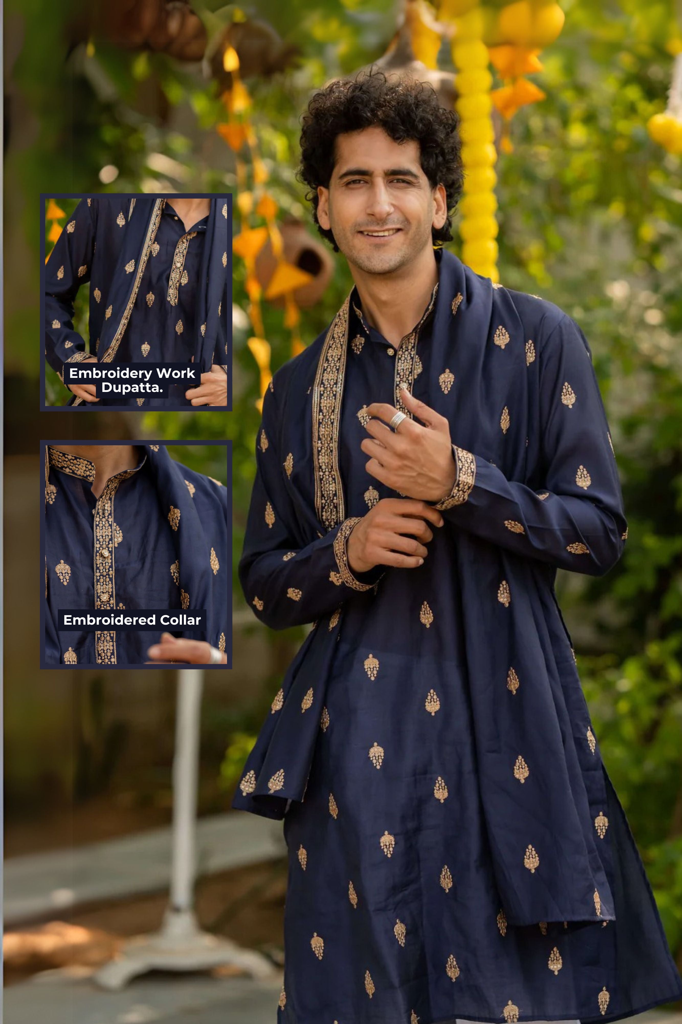 The Midnight Blue Long Kurta With Butti Embroidery And Sequins Work and Dupatta