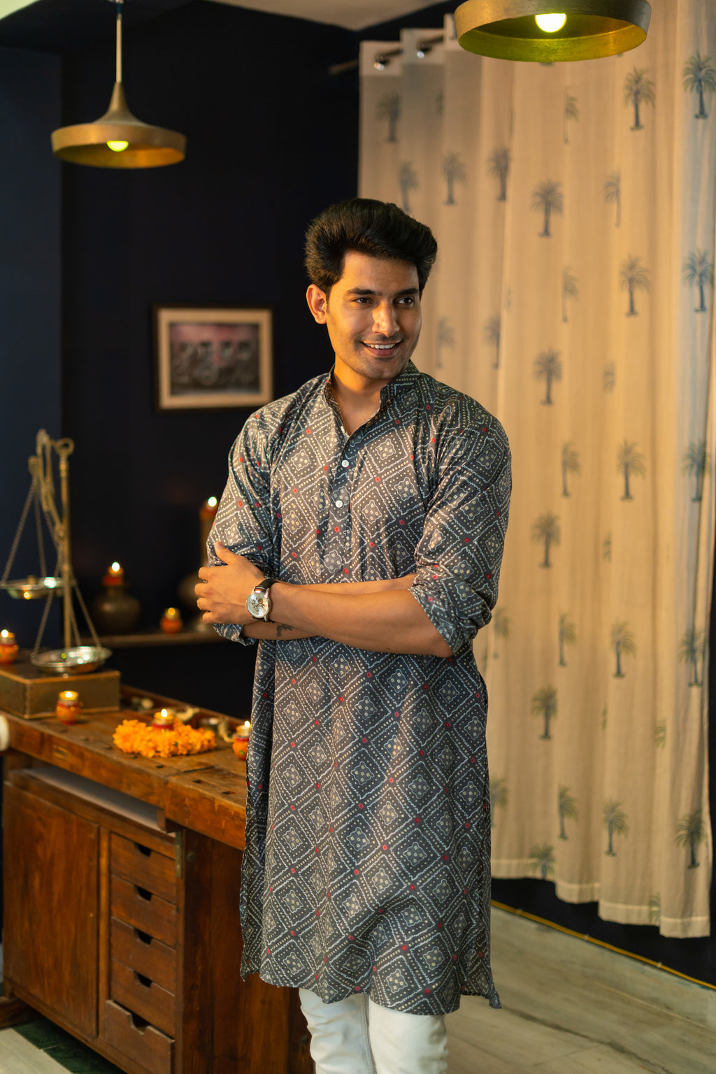 The Grey Traditional Geometric Foil Print Long Kurta
