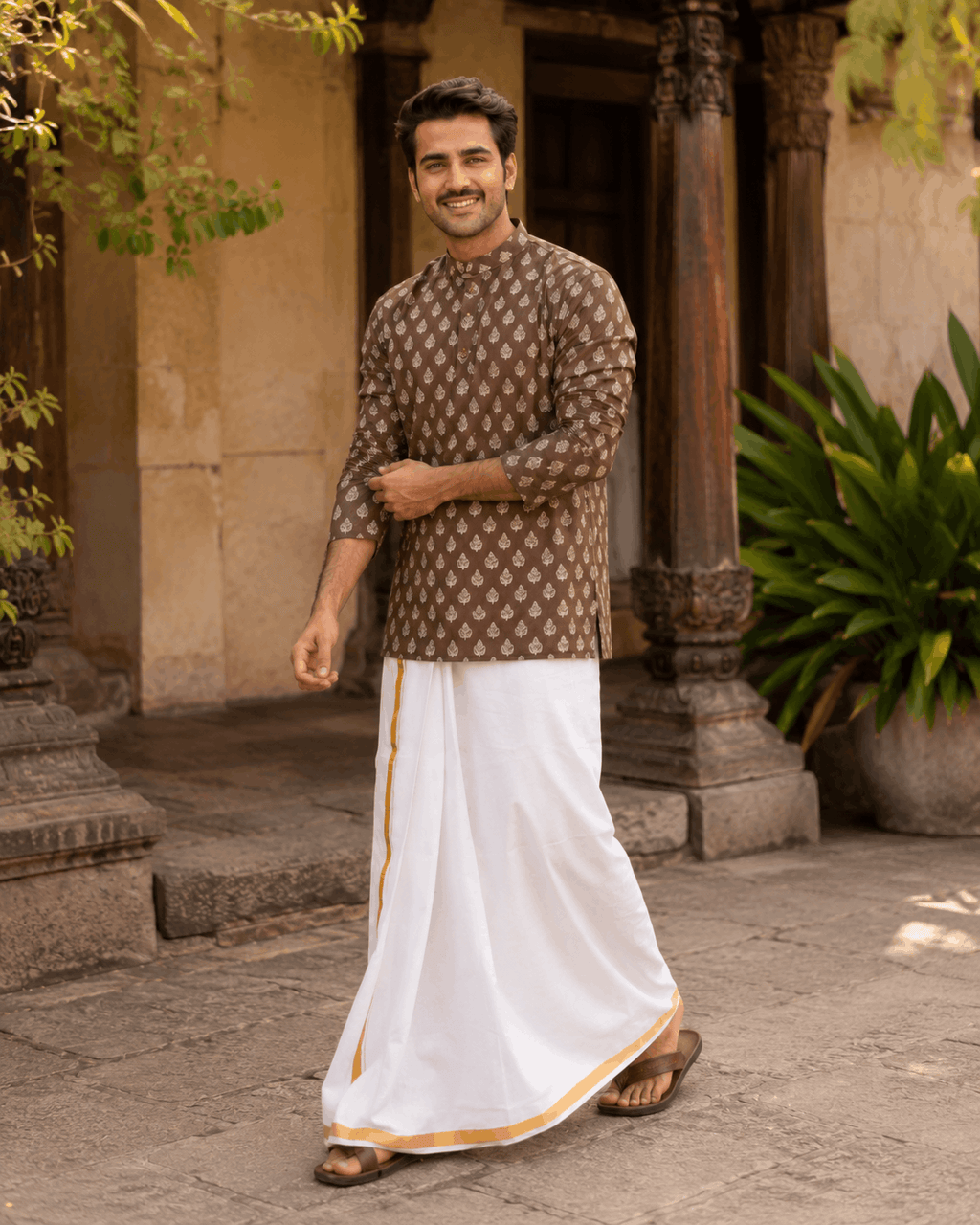 The Dark Brown Floral Motif Short Kurta