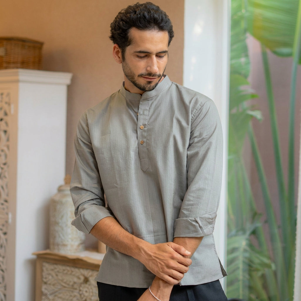 The Muted Grey Short Kurta with Striped Weave Texture