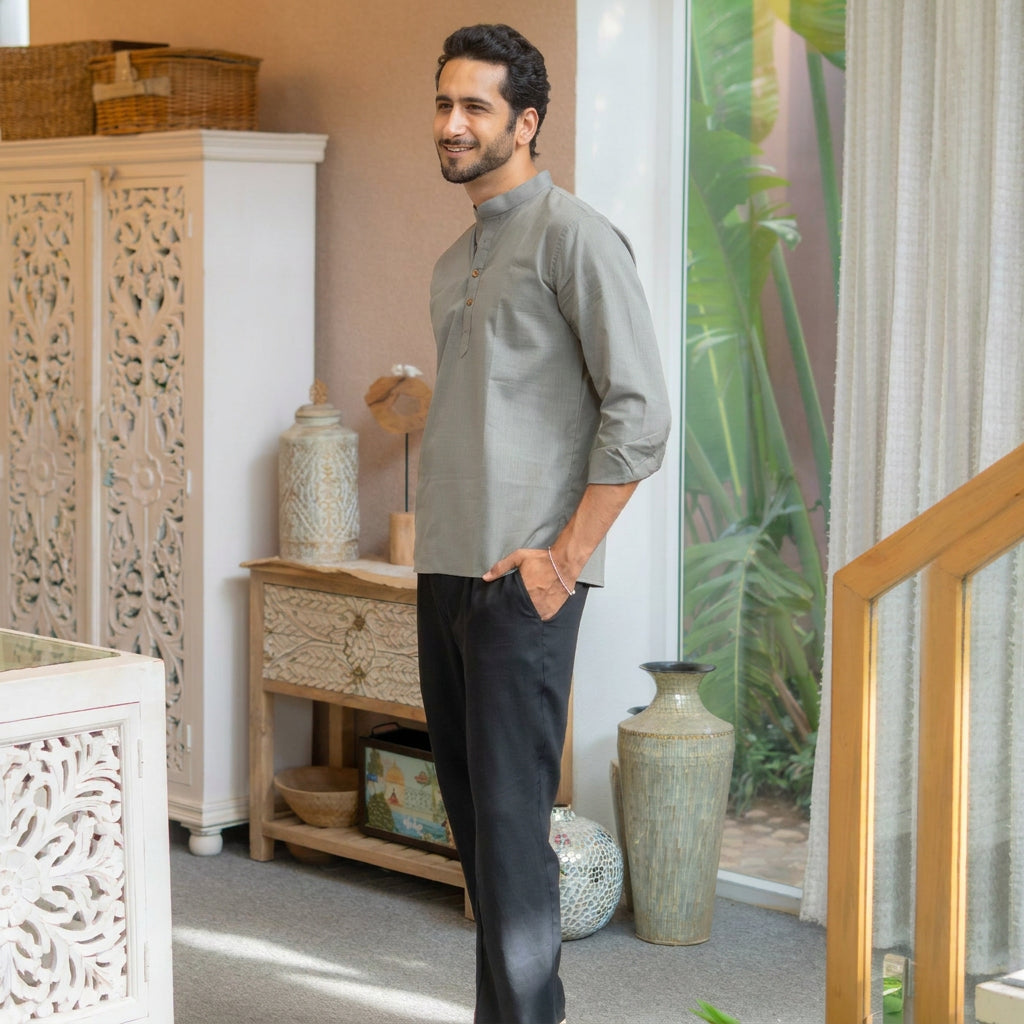 The Muted Grey Short Kurta with Striped Weave Texture